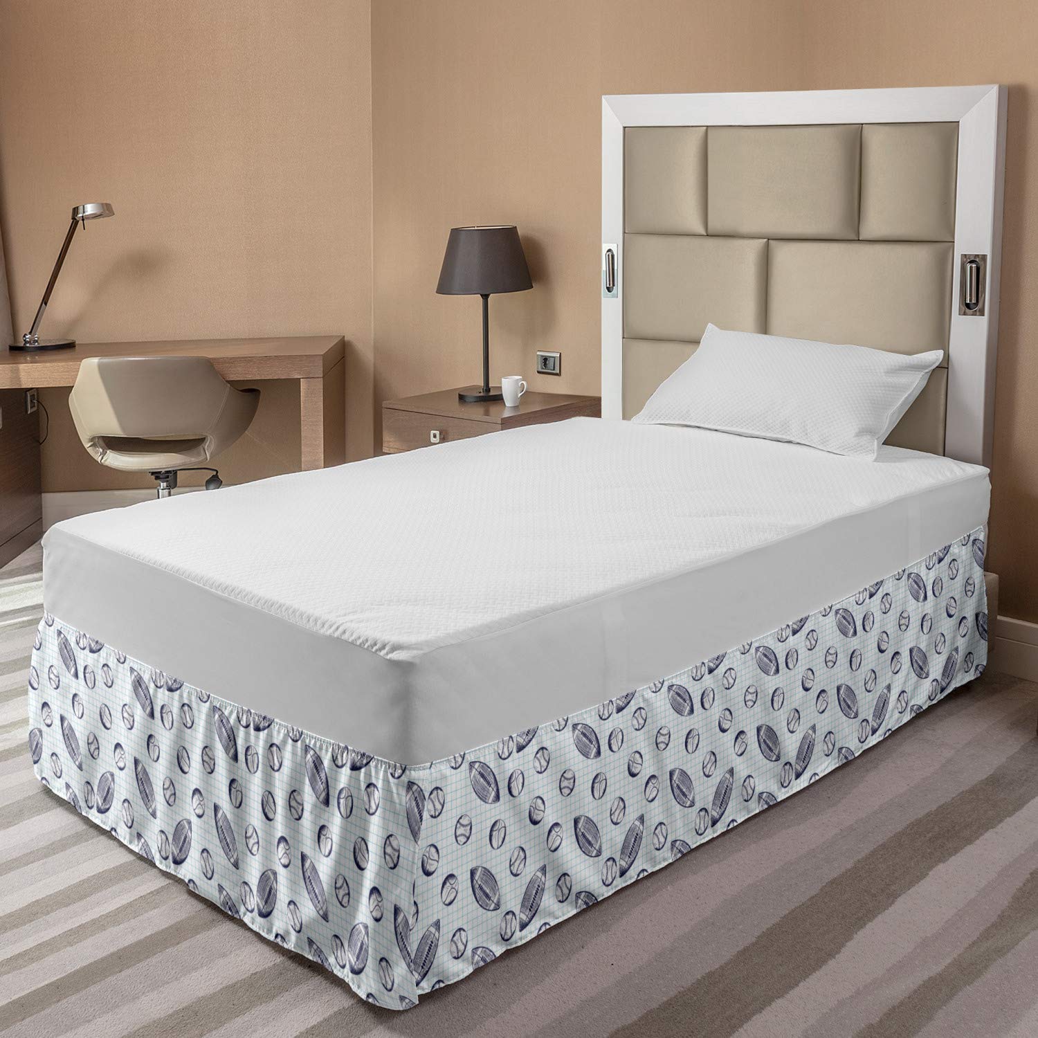 Ambesonne Baseball Elastic Bed Skirt - Pigskin & Baseballs Checkered Design, Wrap Around Fabric Dust Ruffle for Full Size Beds, Indigo & Pale Blue - Perfect for Baseball Themed Bedrooms, Sports Fan Gifts & Game Room Decor
