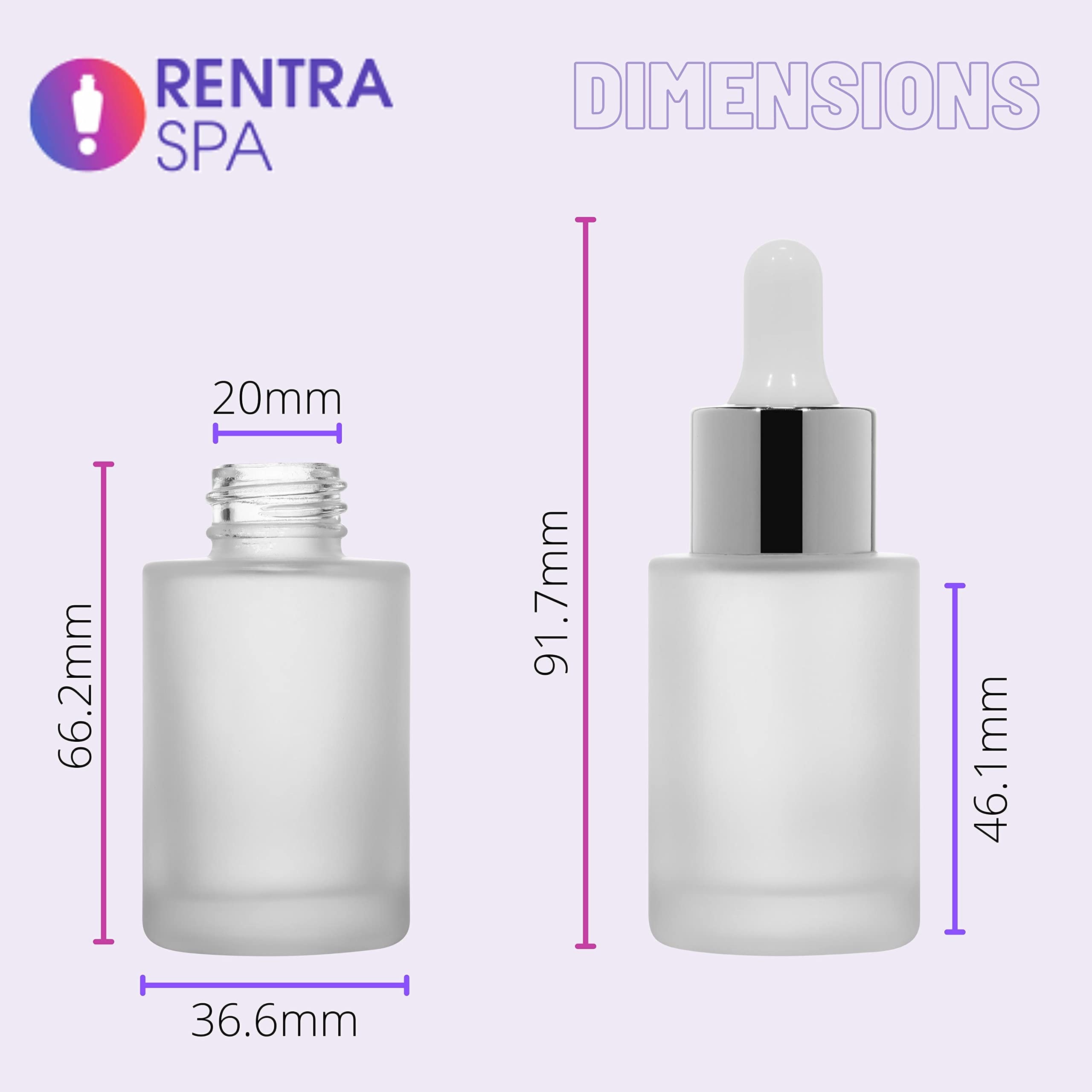 Rentra S.P.A 30ml Glossy Black Round Flat Neck Glass Bottle with Glass Dropper, Silver Ring & White Silicone Teat - Perfect for Essential Oils, DIY Beauty Products & Home Decor