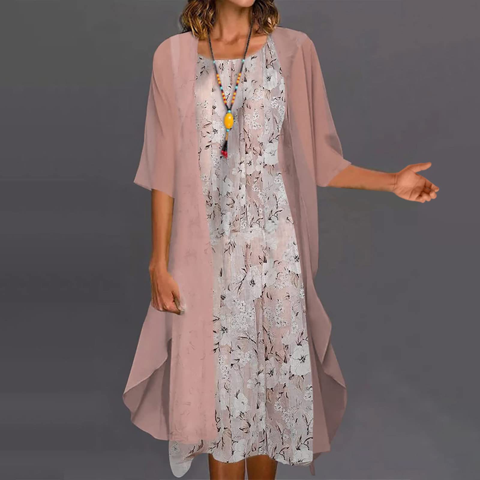 AMhomely Women's Two Piece Floral Print Summer Dress Set - Chiffon Sleeveless Maxi Dress with Cardigan | Elegant Wedding Guest Outfit, Mother of The Bride Dress, Beach Vacation & Garden Party Attire