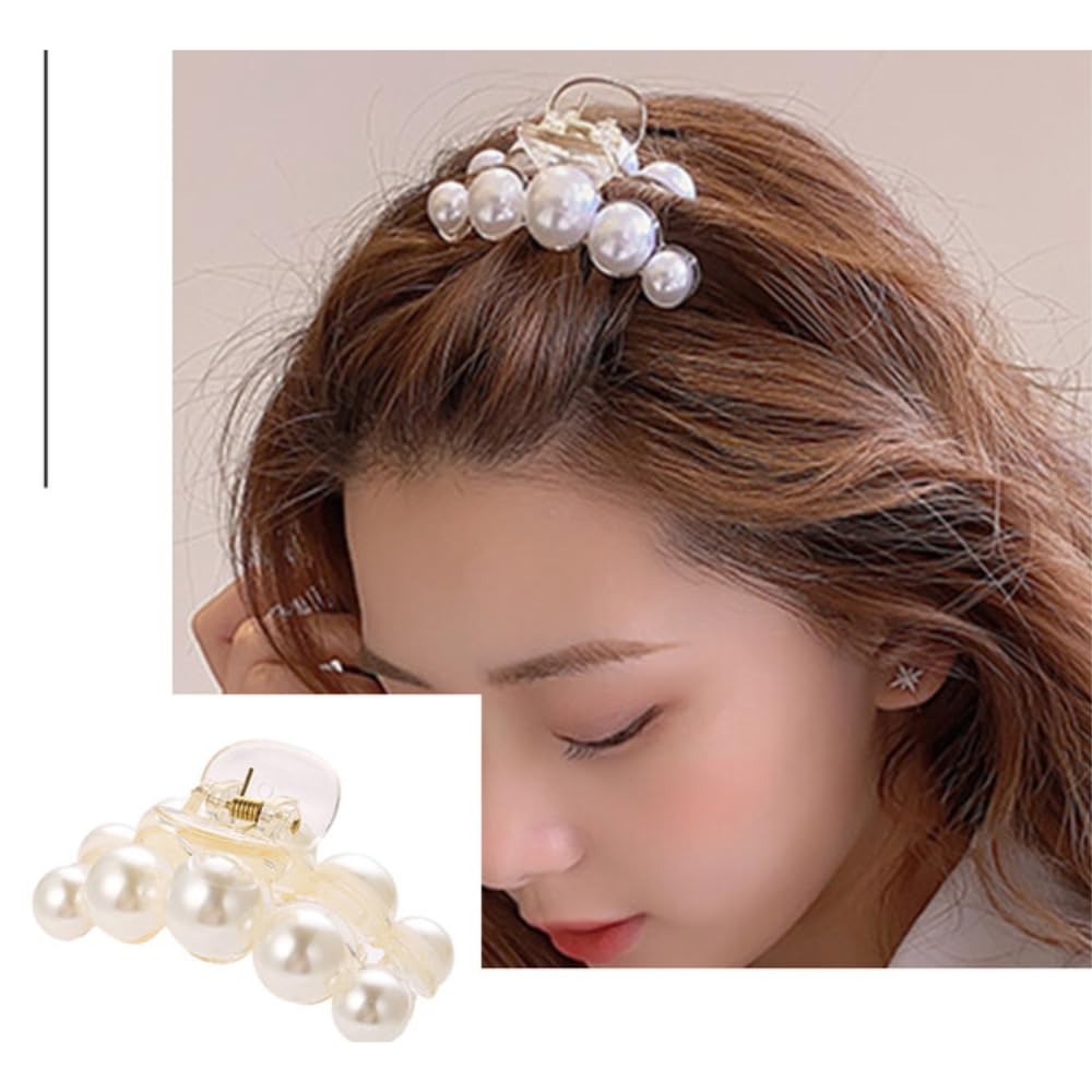 RSJ TRADERS Korean Style 7cm Big Pearl Plastic Hair Claw Clips - 2 Piece Combo, Strong Hold Barrettes for Women (L Size) - Perfect for Thick & Thin Hair Styling, Office & Party Accessories
