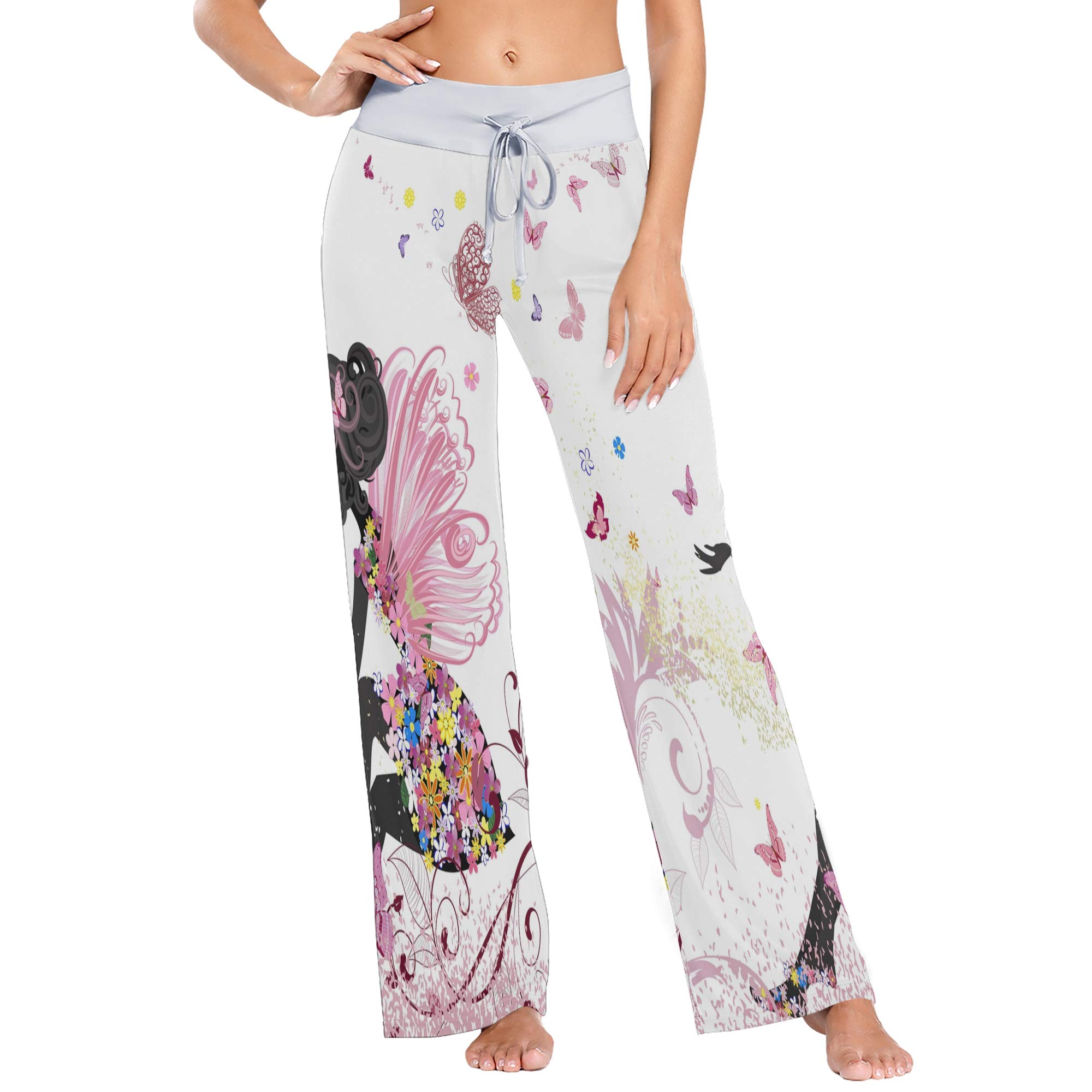 ALAZA Women's Butterfly Floral Print Pajama Pants - Soft Lounge Pants with Stretchy Wide Leg for Sleep, Relaxation & Home Comfort