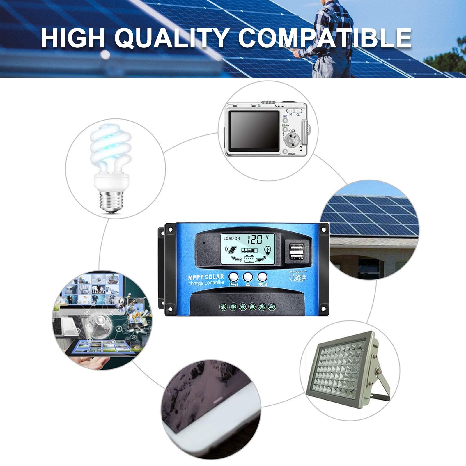 100A MPPT Solar Charge Controller for 12V/24V Batteries - Dual USB Ports, LCD Display, Intelligent Regulator for Solar Panels | Perfect for RV, Marine, Off-Grid & Home Solar Systems