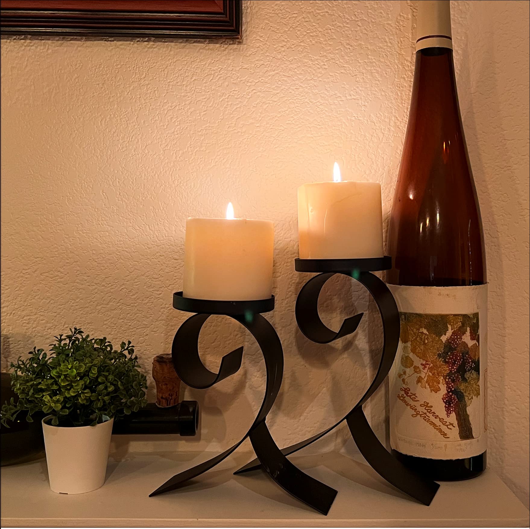 Lily’s Home Contemporary Scrollwork Pillar Candle Holders - Set of 2 Black Iron Candle Stands for Table Decor, Wedding Centerpieces & Home Decor - Steel Candle Holders (Candles Not Included)