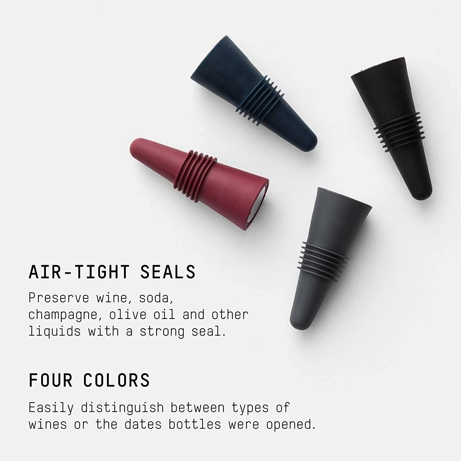 Premium Wine Stoppers Set of 4 - Colorful Silicone & Stainless Steel Bottle Stoppers for Wine, Champagne and Beverages - Airtight Seal for Freshness - Perfect for Home Bars, Parties and Gifts