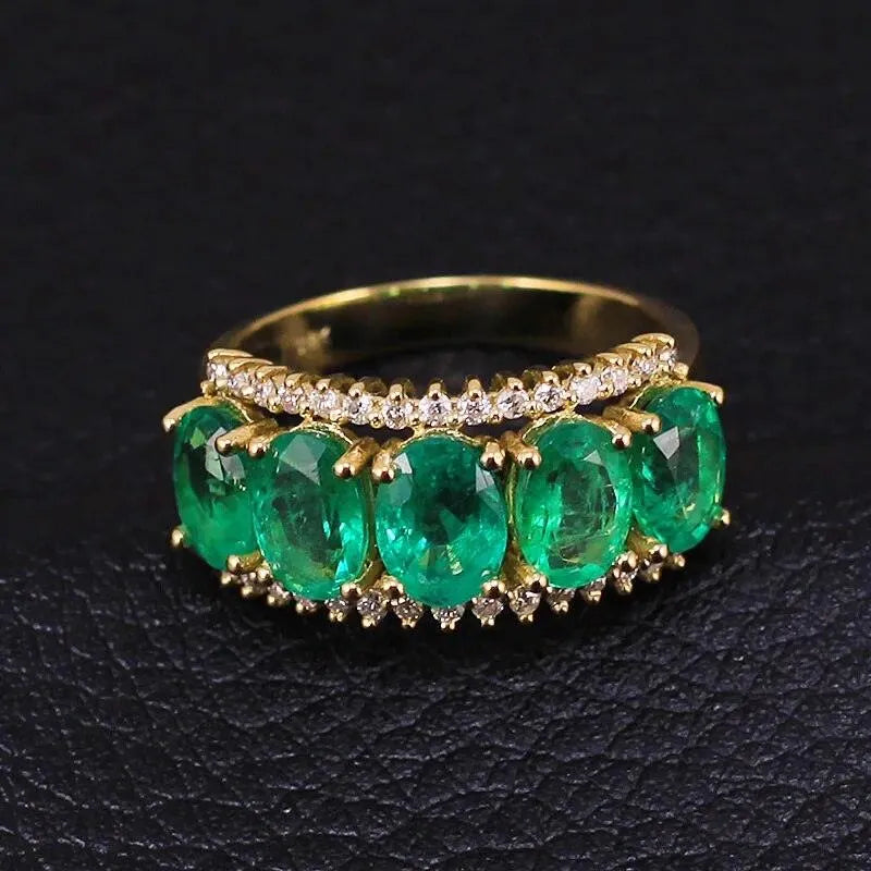 18Kt Solid Yellow Gold Natural Green Emerald Diamond Wedding Ring for Women | Genuine Gemstone Fine Jewelry | Anniversary, Engagement, Party & Special Occasion Gift