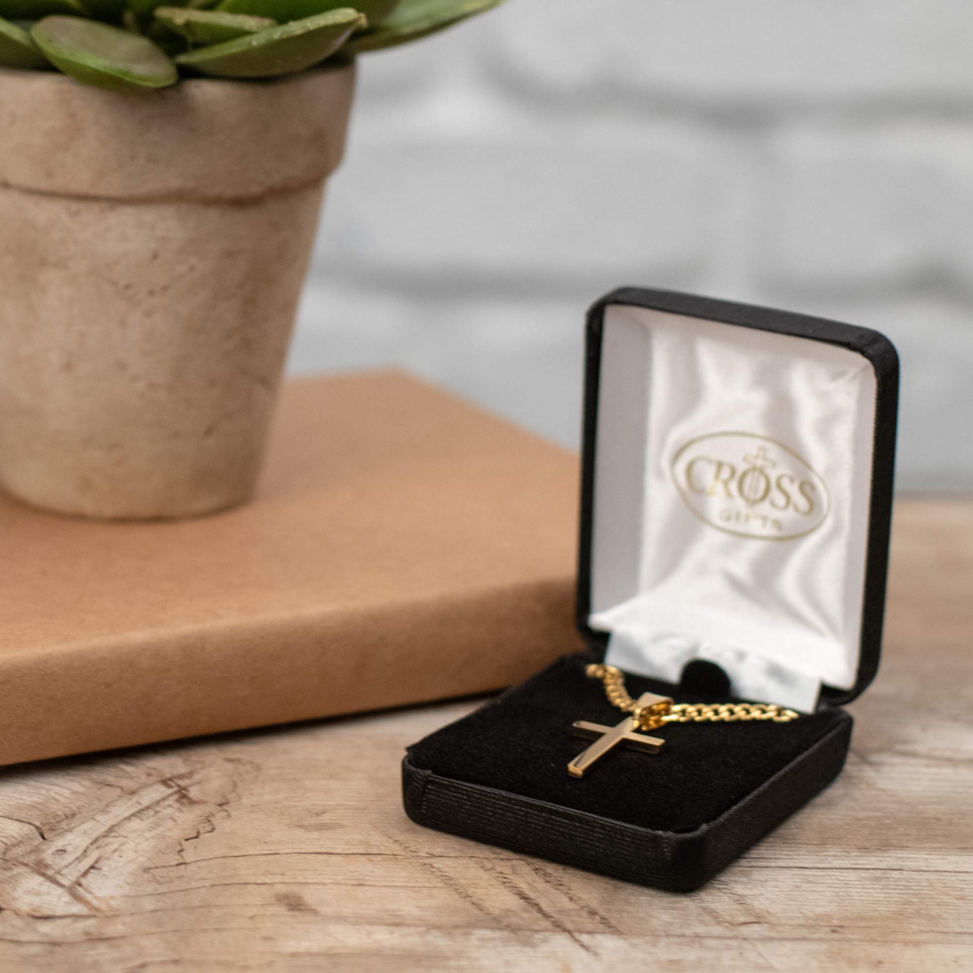 Dickson's Box Cross Pendant Necklace for Men - 24 Inch Gold Plated Stainless Steel Chain with Jewelry Gift Box - Perfect for Everyday Wear, Gifts & Religious Occasions