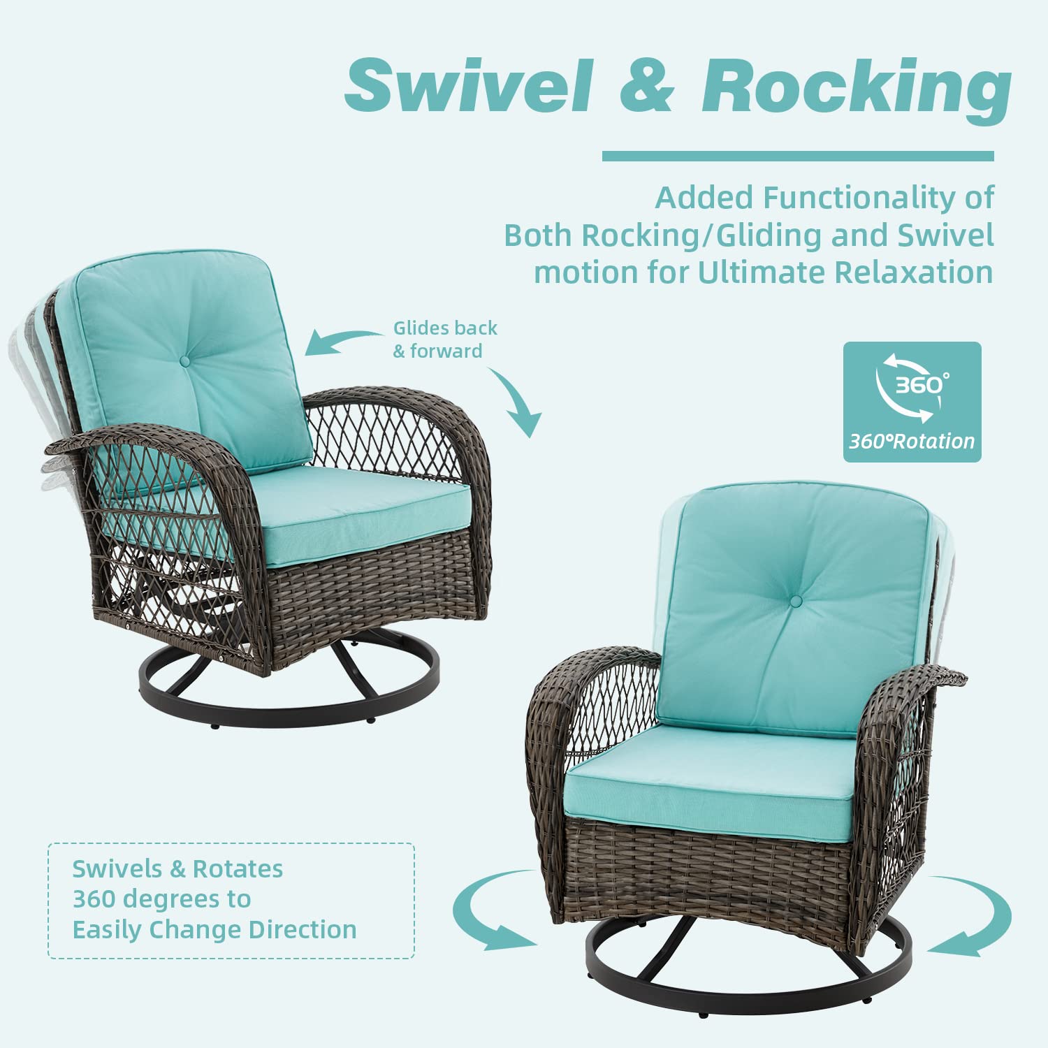 EROMMY 3-Piece Outdoor Swivel Rocking Chair Set with 360° Rotation, Thickened Cushions & Glass Coffee Table - Patio Conversation Furniture for Backyard, Garden or Poolside (Blue)