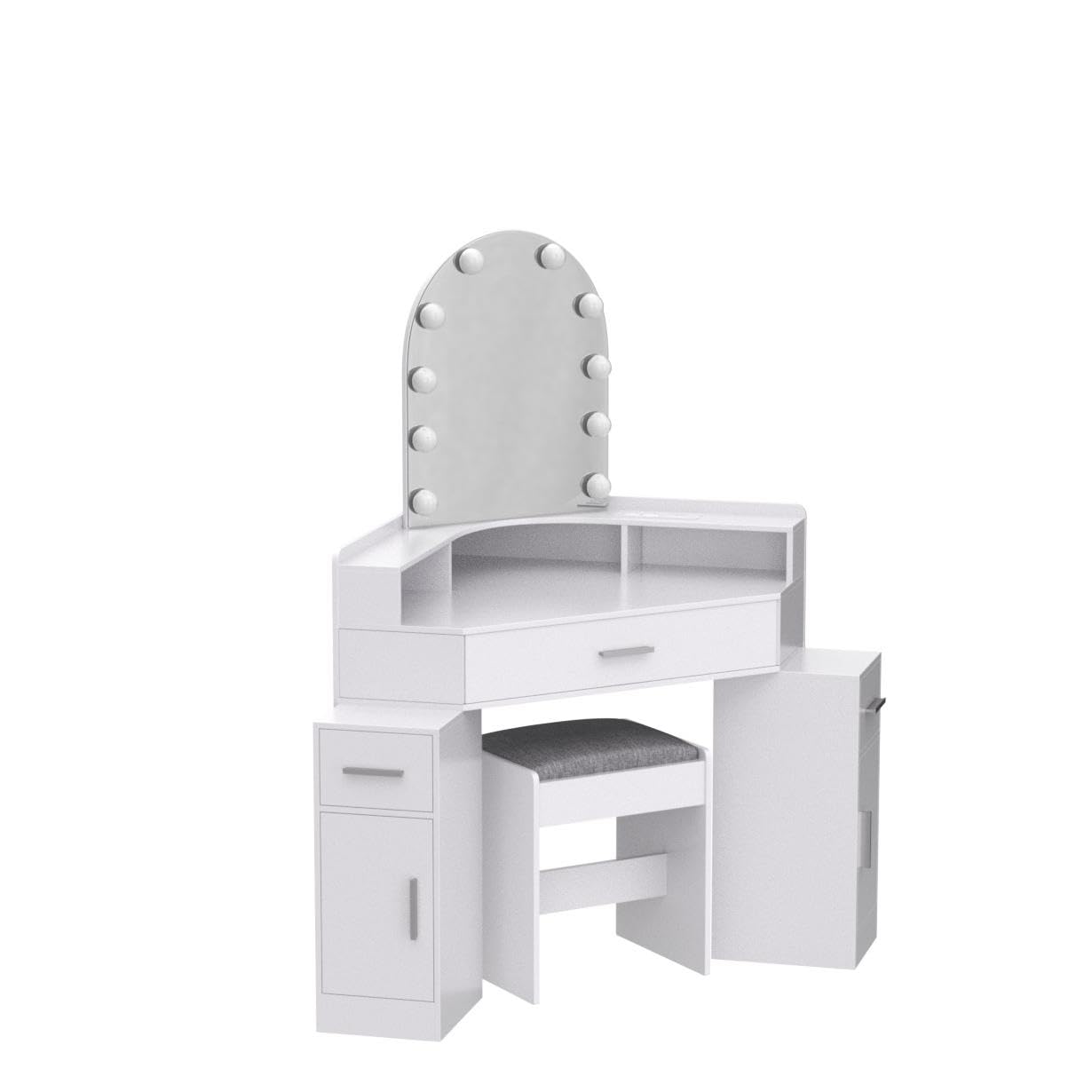 White Vanity Desk with Mirror, Lights & Charging Station - 3 Drawers, Retractable Cabinets & Cushioned Stool - Makeup Dressing Table for Bedroom, Home Office & Christmas Gifts