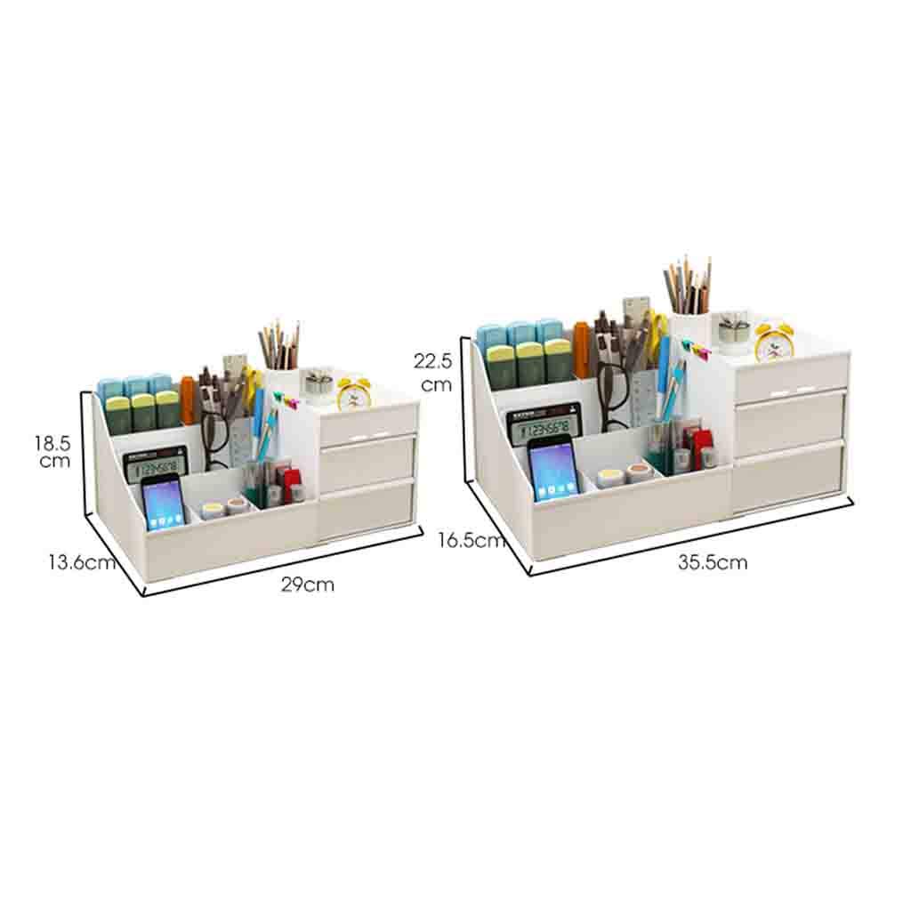 Modern Rectangle Desk Pen Holder with 2 Drawers - Stain-Resistant Office Organizer for Pens, Pencils & Supplies (White, 35.5x16.5x22.5cm/14x6x9in) - Perfect for Home Office, Study Desk & Workspace Organization