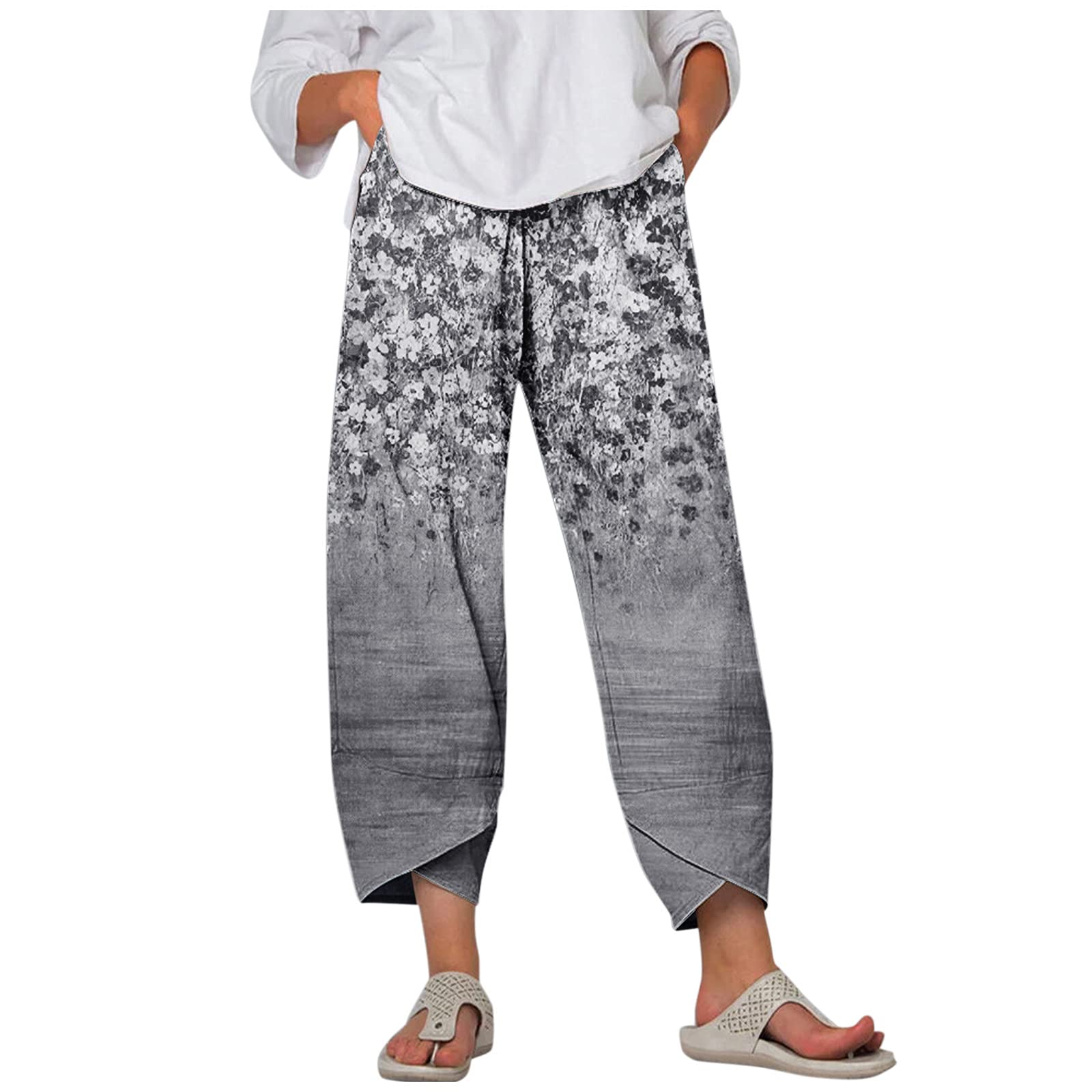Floral Linen Cropped Pants for Women - Wide Leg High Waist with Pockets | Summer Casual & Beach Wear