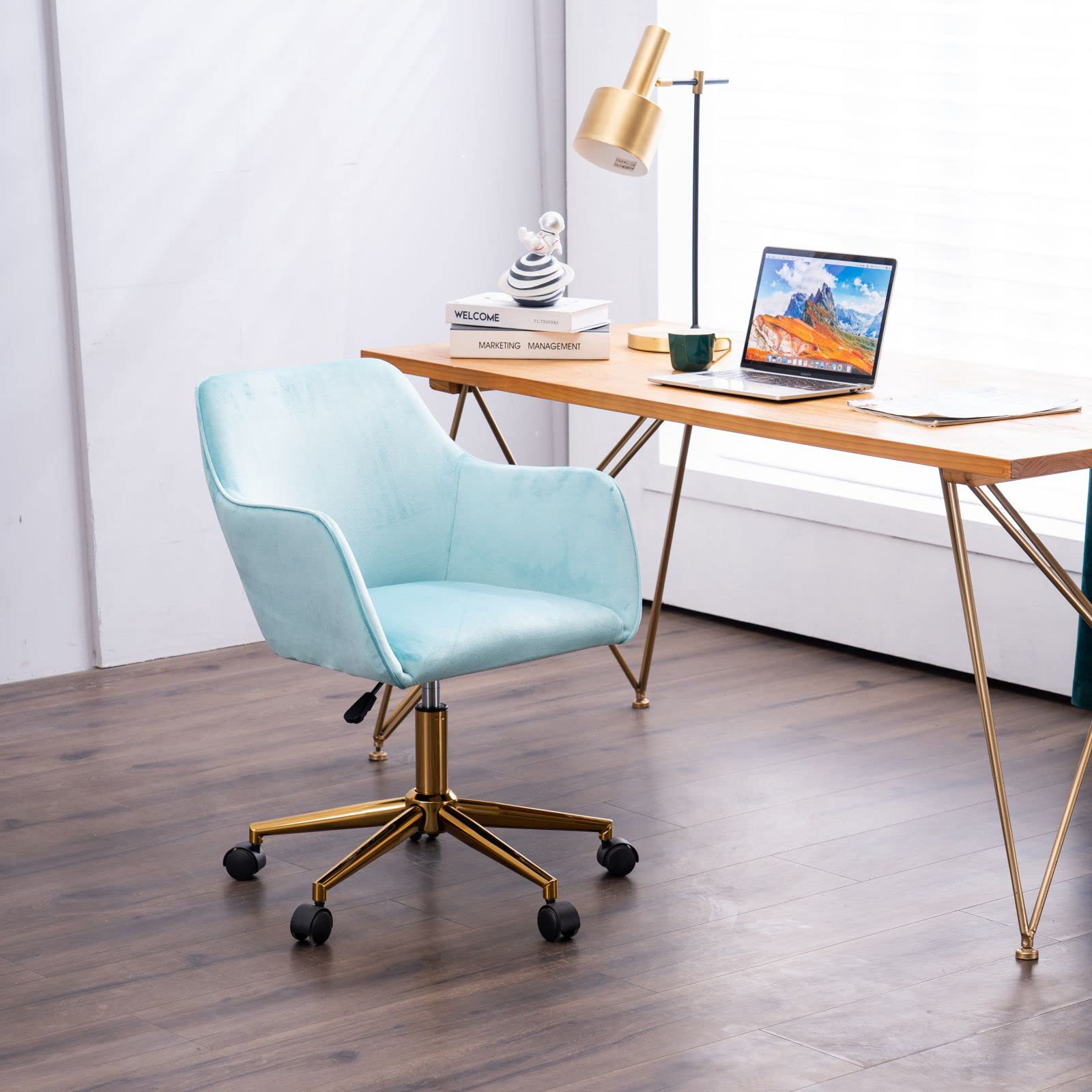 Velvet Vanity Chair - Adjustable Swivel Desk Chair with Golden Legs for Home Office, Bedroom Makeup & Living Room | Small Task Chair for Women, Cute Makeup Seat Perfect for Dressing Table, Study & Workspace