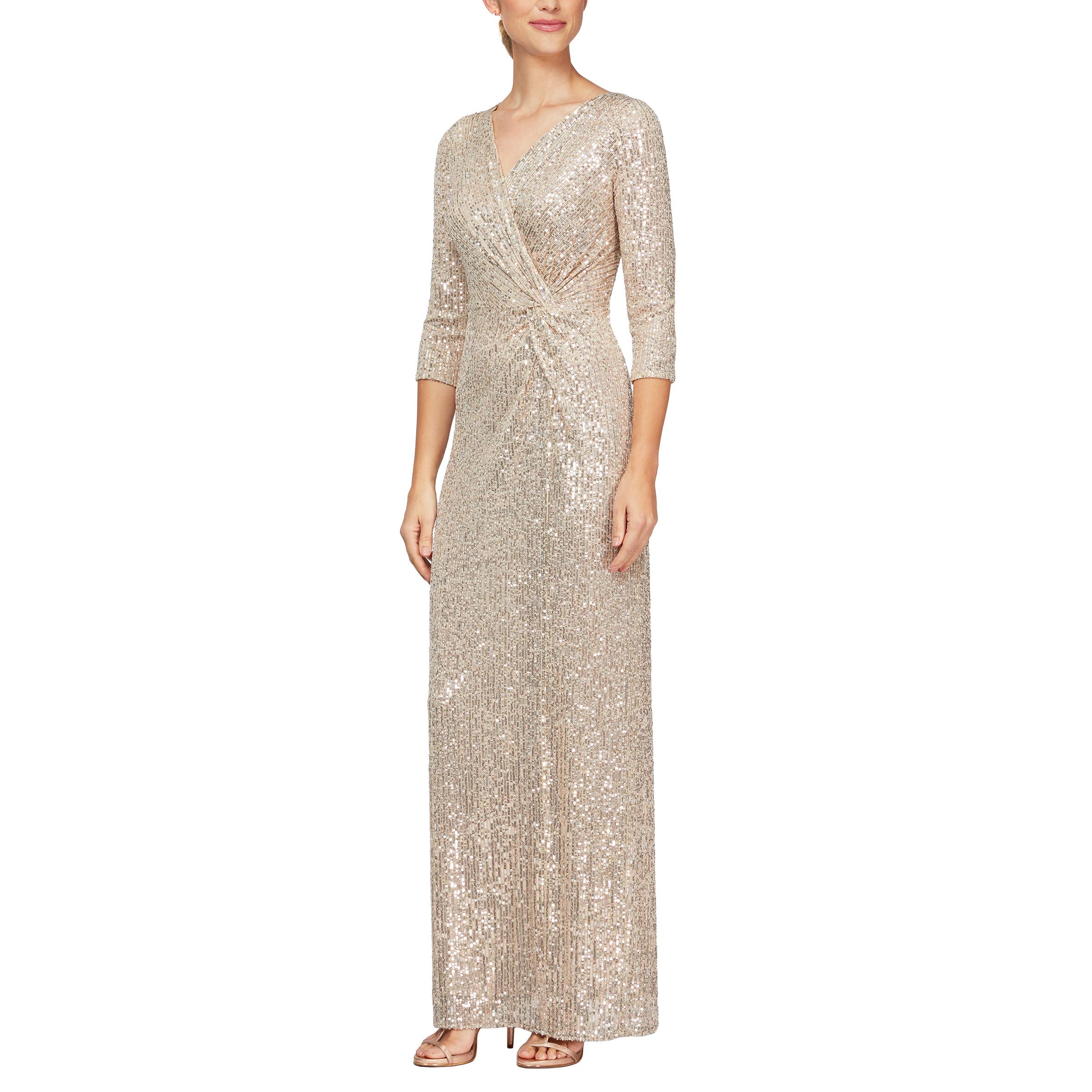 Alex Evenings Women's Long 3/4 Sleeve Formal Evening Gown with Cinched Tie Waist - Perfect for Weddings, Prom & Special Occasions (Petite & Regular Sizes)