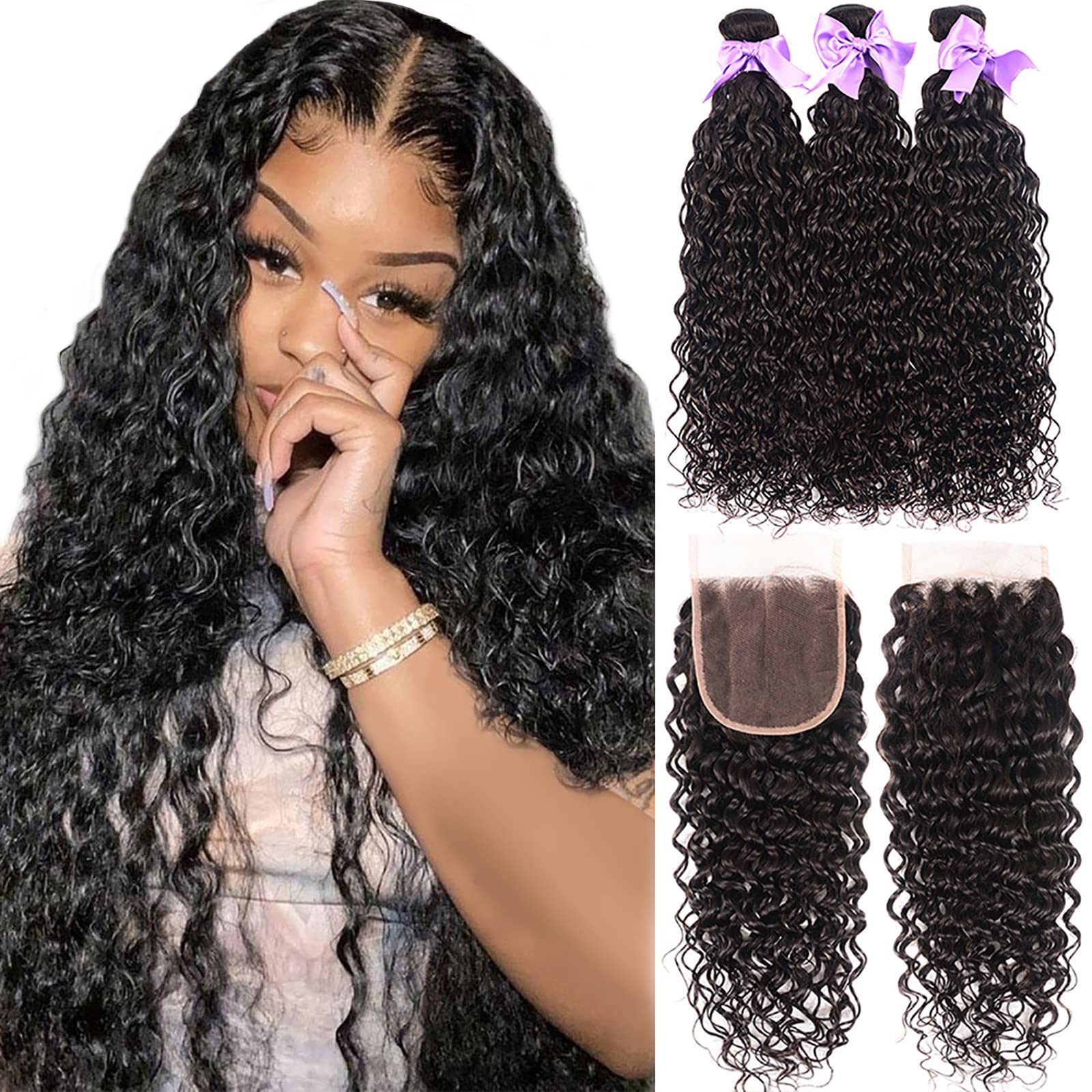 8A Brazilian Virgin Human Hair Ocean Wave Bundles with Lace Closure - 3 Unprocessed Curly Bundles (28