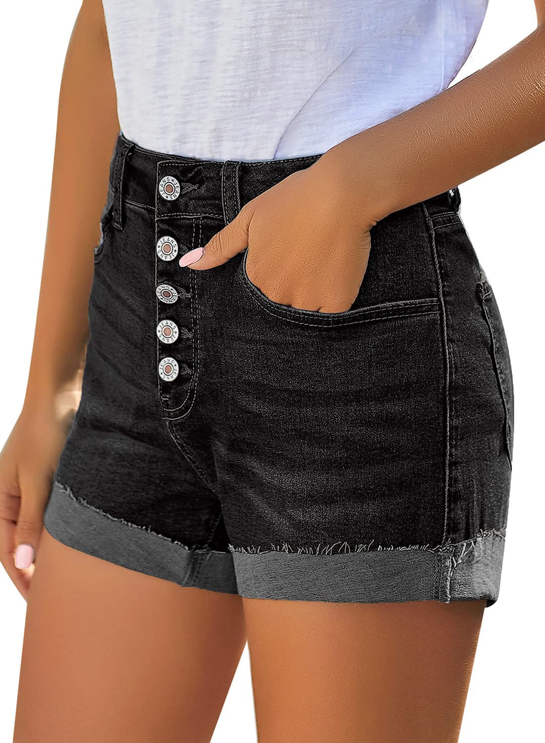 LookbookStore Women's High Waisted Denim Shorts with Sewn Cuffs & Button Details | Summer Fashion | Perfect for Beach, Casual Outings & Street Style