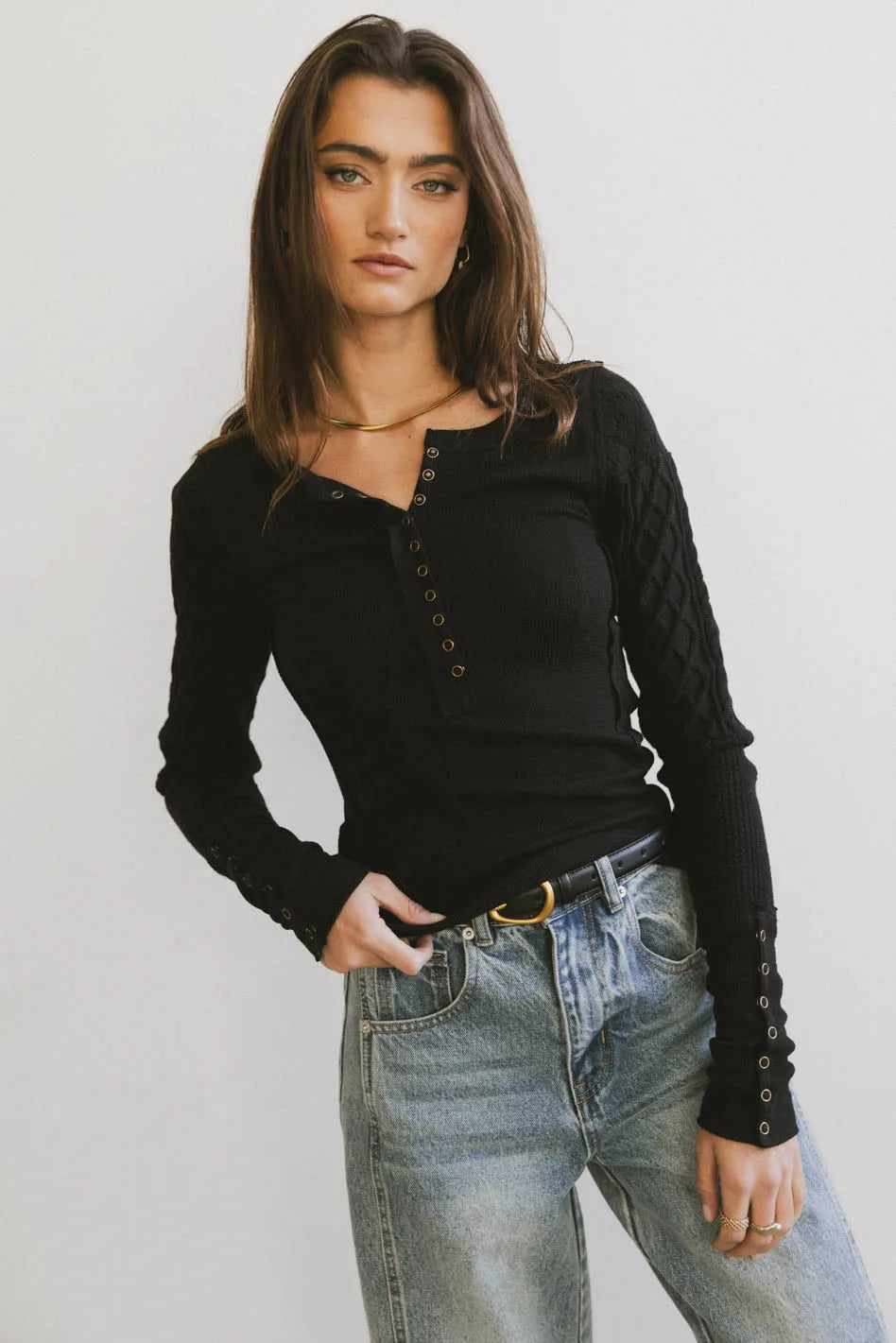 Naomi Cable Knit Sleeve Top - Women's Black Sweater for Fall & Winter | Cozy Casual Wear, Office Outfits, Date Night Fashion