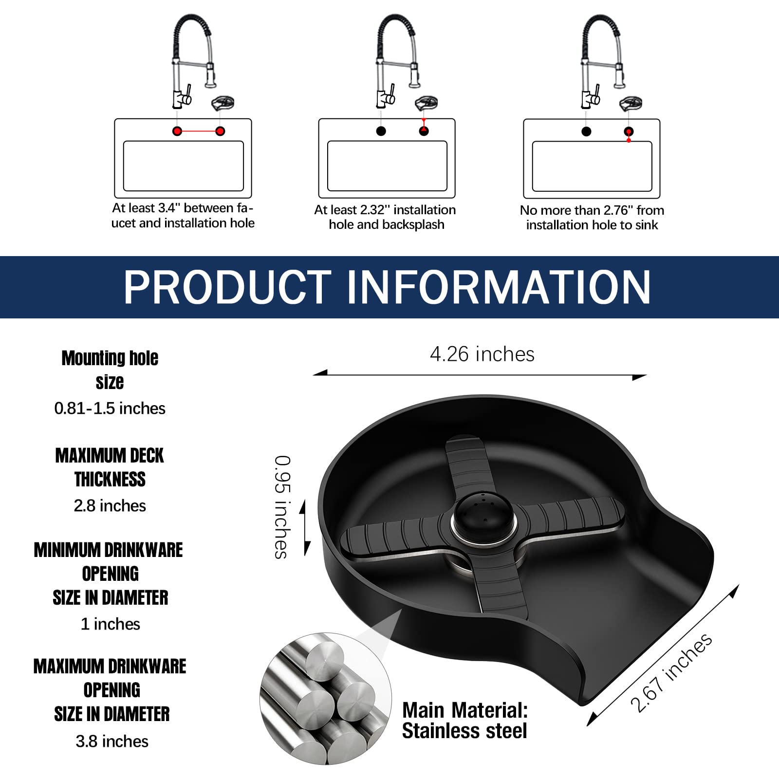 Premium Stainless Steel Glass Rinser for Kitchen Sinks - Matte Black Cup Washer & Sink Accessory | Perfect for Bars, Restaurants, and Home Kitchen Use