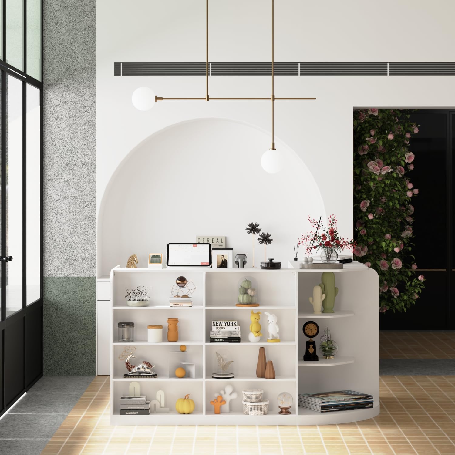 L-Shaped Reception Desk with 3 Drawers & Display Shelves - White Retail Checkout Counter for Shops, Salons & Offices - Perfect for Customer Service, POS Transactions & Waiting Areas