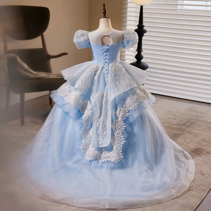 Royal Blue Organza Flower Girl Dress with Princess Round Neckline - Perfect for Weddings, Pageants & Special Occasions