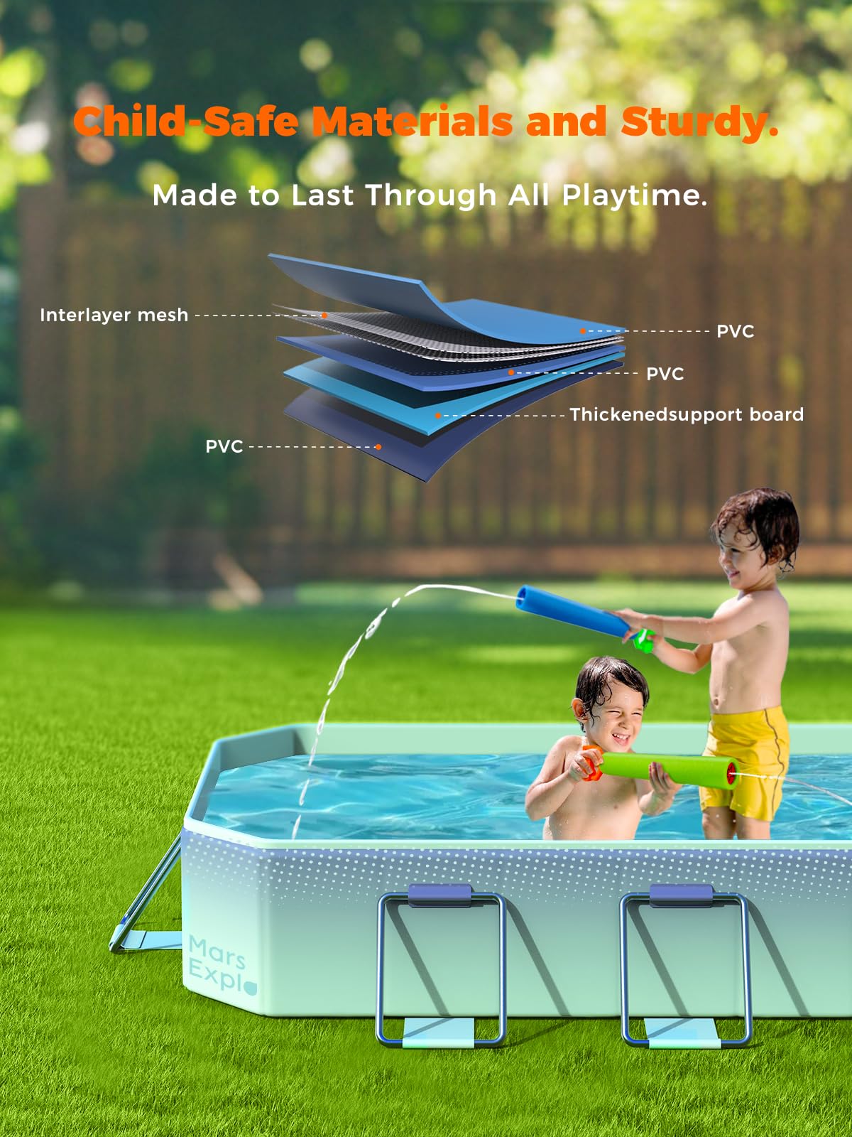 Foldable Non-Inflatable Swimming Pool for Adults & Kids - Portable Collapsible Kiddie Pool with Metal Frame - Large 113