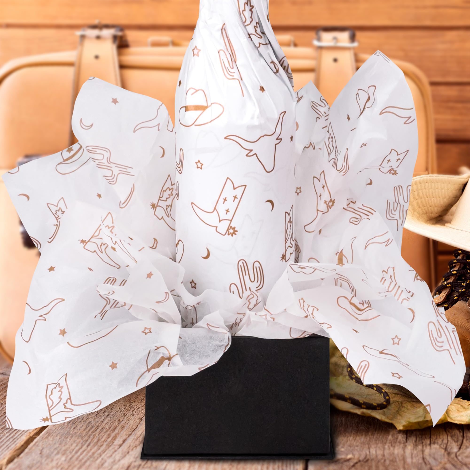 Hi Sasara 60 Sheets Western Cowboy Cowgirl Tissue Paper Bulk - 14 x 20 Inch Brown Cowboy Hat & Boots Design - Gift Wrapping, Party Decorations, Birthday Favors, Scrapbooking Supplies (Brown)