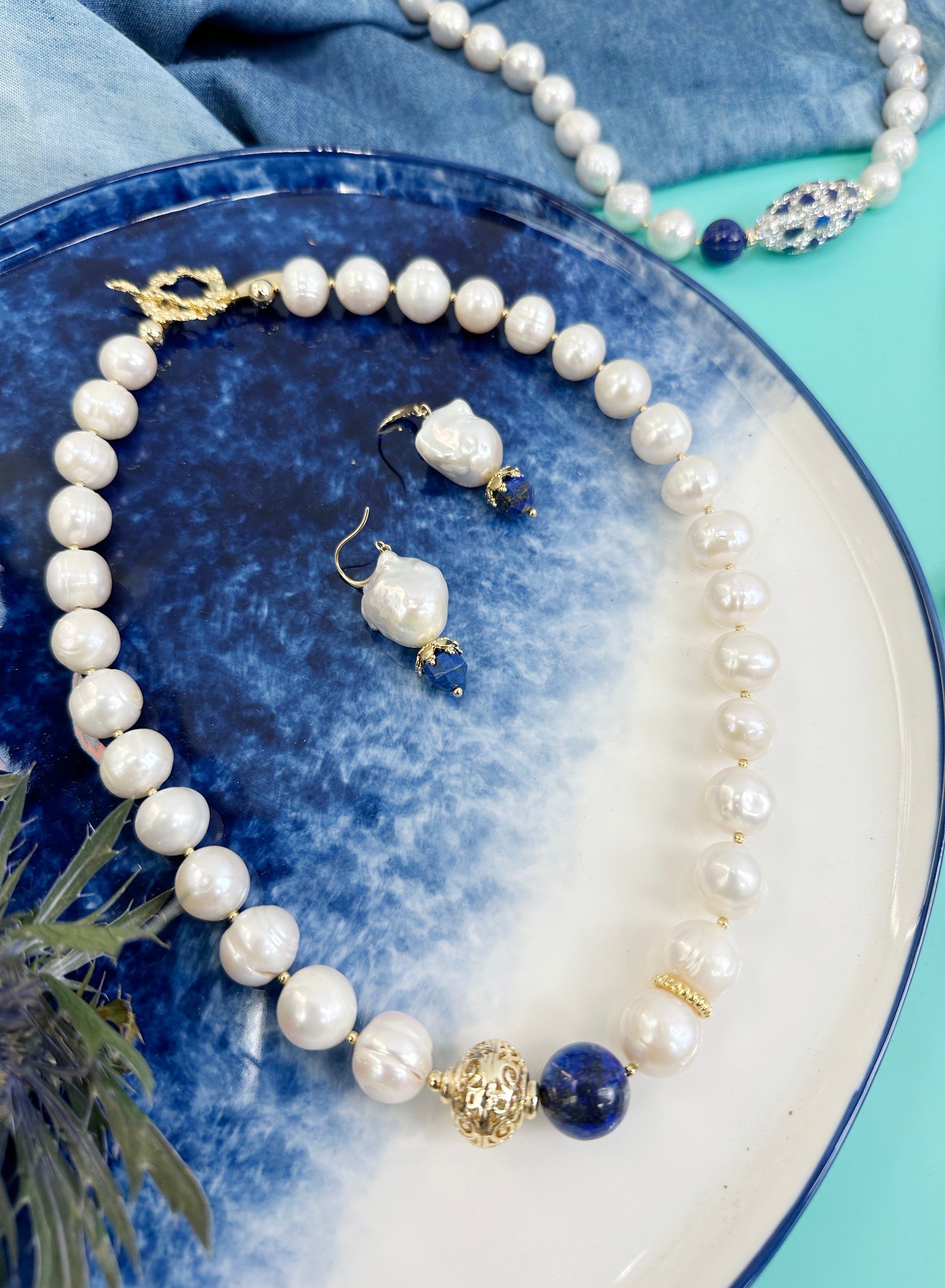 Elegant Baroque Pearls & Faceted Lapis Lazuli Dangle Earrings JE020 | Vintage Style Jewelry for Women, Perfect for Weddings, Parties & Special Occasions