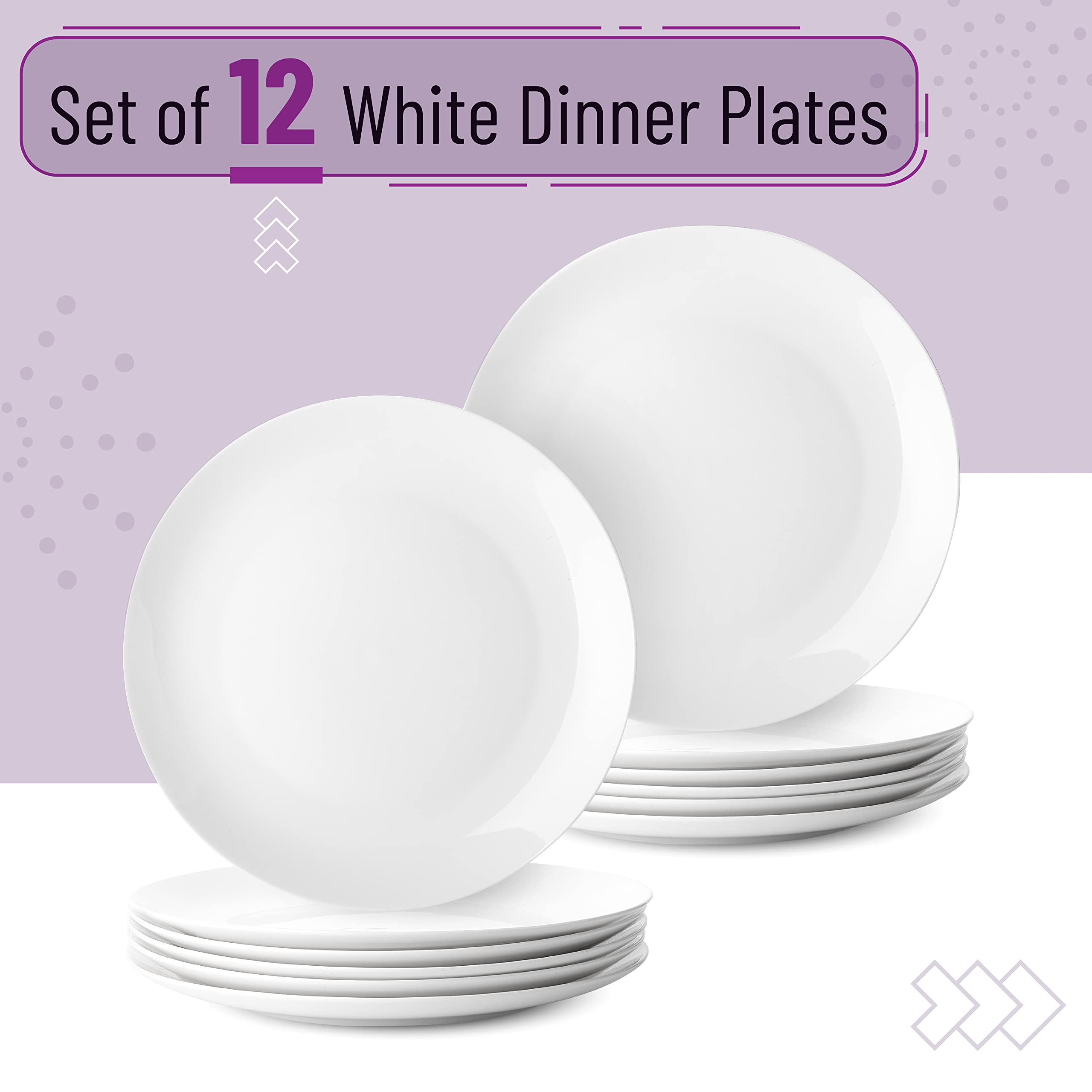 BTaT- 12-Pack 10.5 Inch White Porcelain Dinner Plates Set - Bulk Restaurant Dishes for Fine Dining, Catering & Home Entertaining
