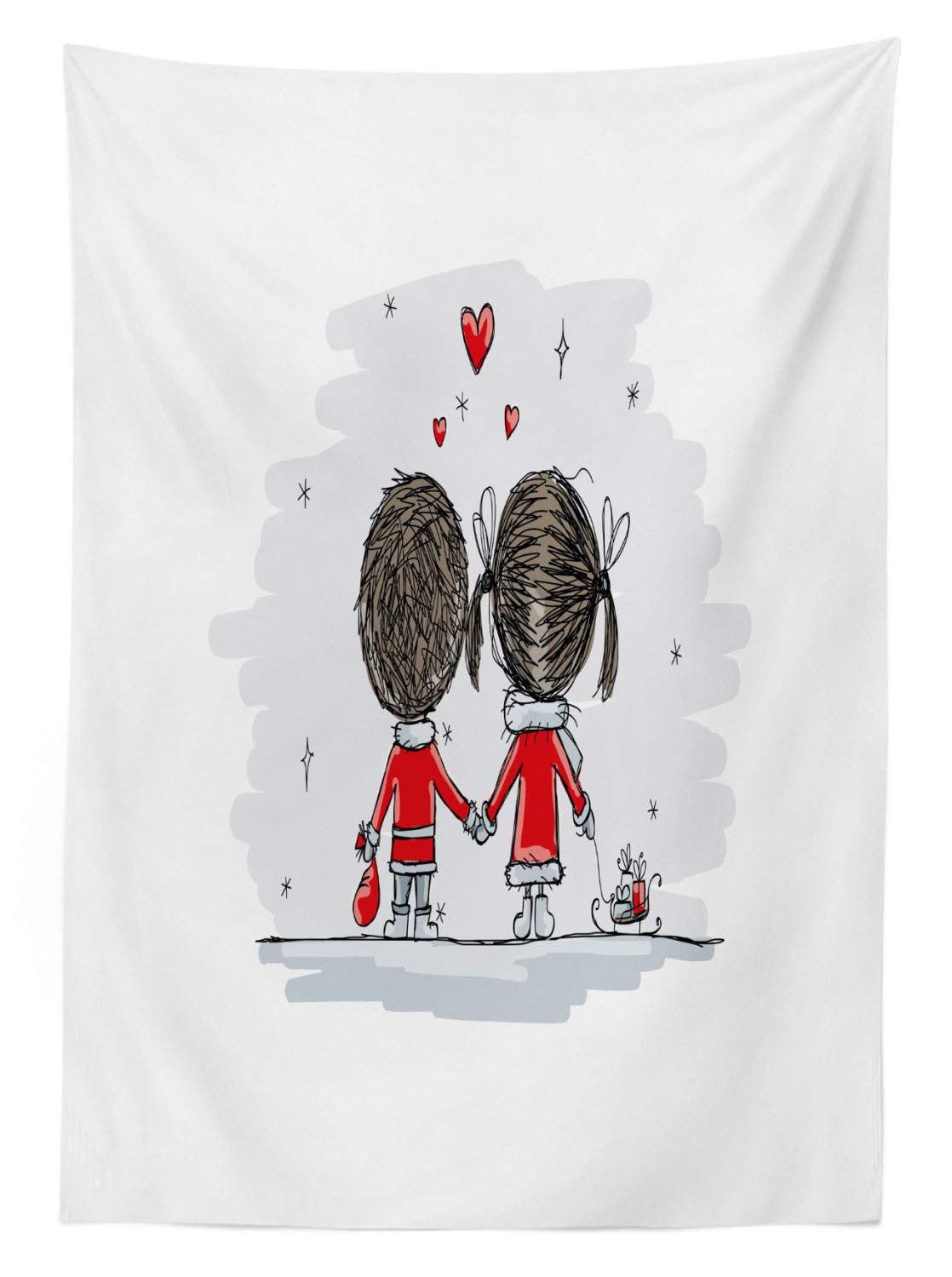 Ambesonne Christmas Tablecloth - Romantic Couple Holding Hands with Stars & Hearts Design, Washable Outdoor Picnic Table Cover 58x120 Inches, Scarlet Cocoa Grey - Perfect for Holiday Gatherings, Winter Parties & Cozy Home Decor