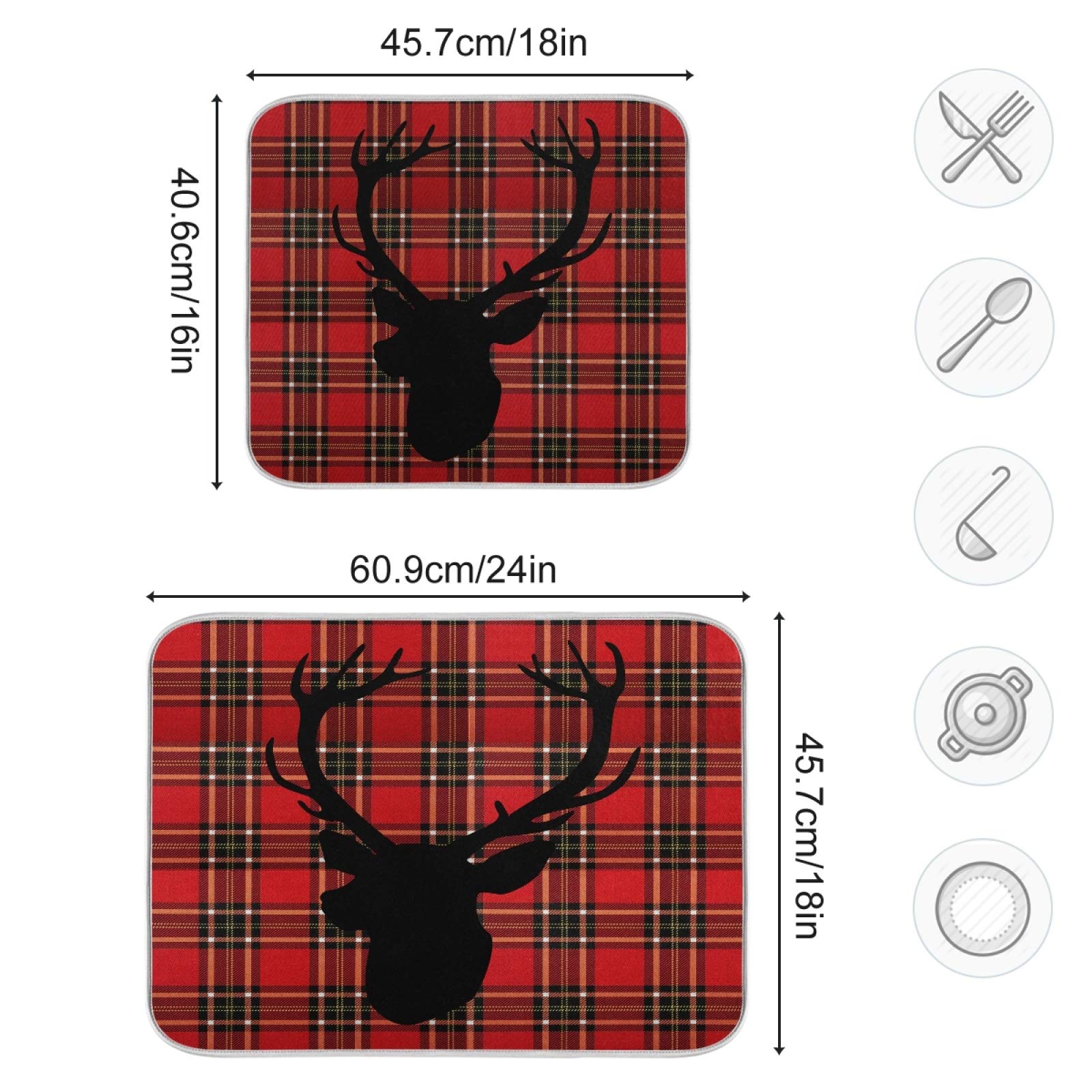 Deer Head Silhouette Kitchen Drying Mat 18x24 Inch - Absorbent Fast Drying Counter Mat with Red Plaid Design - Perfect for Dishes, Utensils & Counter Protection