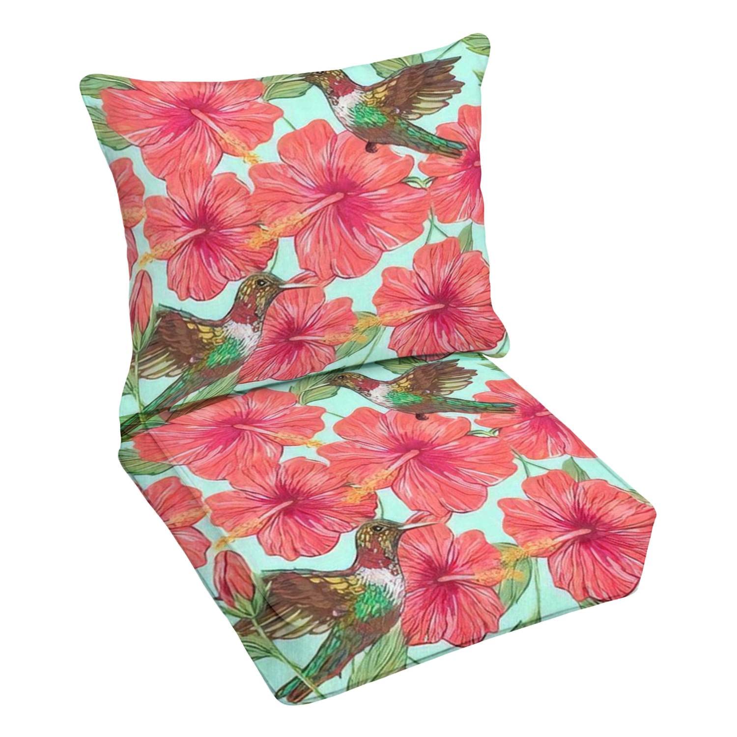 Premium Outdoor Deep Seating Cushion Set - Seamless Floral Design with Hummingbirds & Tropical Flowers - Replacement Cushions for Patio Lounge Chairs - Perfect for Garden, Poolside & Outdoor Conversation Areas