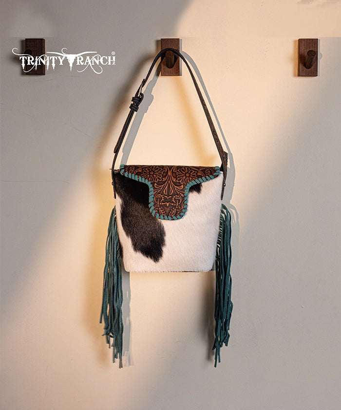 Trinity Ranch Genuine Hair-On Cowhide Tooled Western Shoulder Bag - Perfect for Rodeo, Country Music Festivals & Cowgirl Fashion