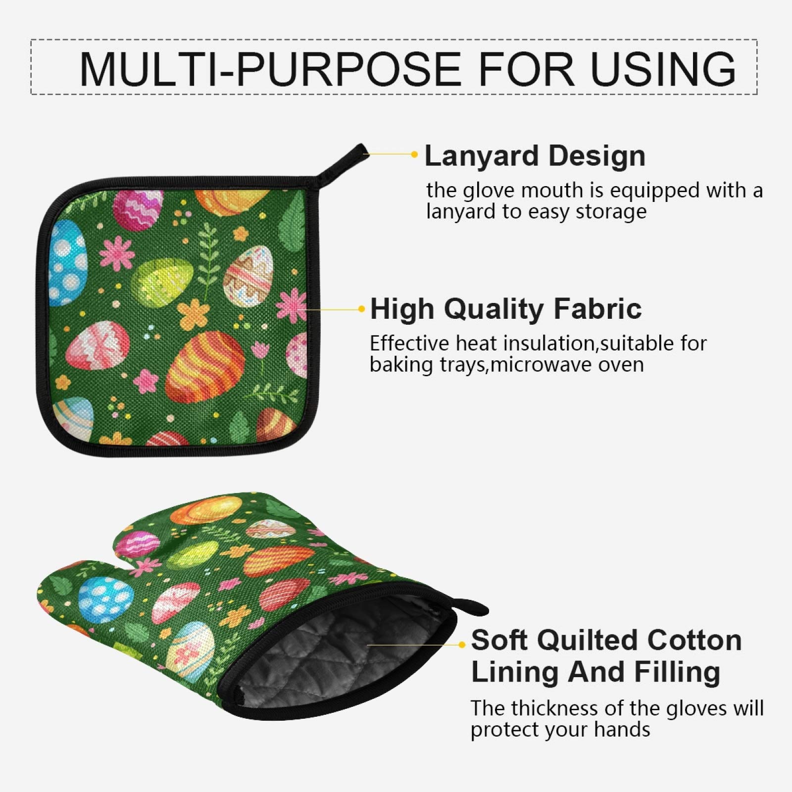 Aflyko Easter Eggs Floret Oven Mitt and Pot Holder Set - Heat Resistant Kitchen Gloves for Baking, Cooking, BBQ - Perfect Gift for Home Chefs & Holiday Kitchen Decor