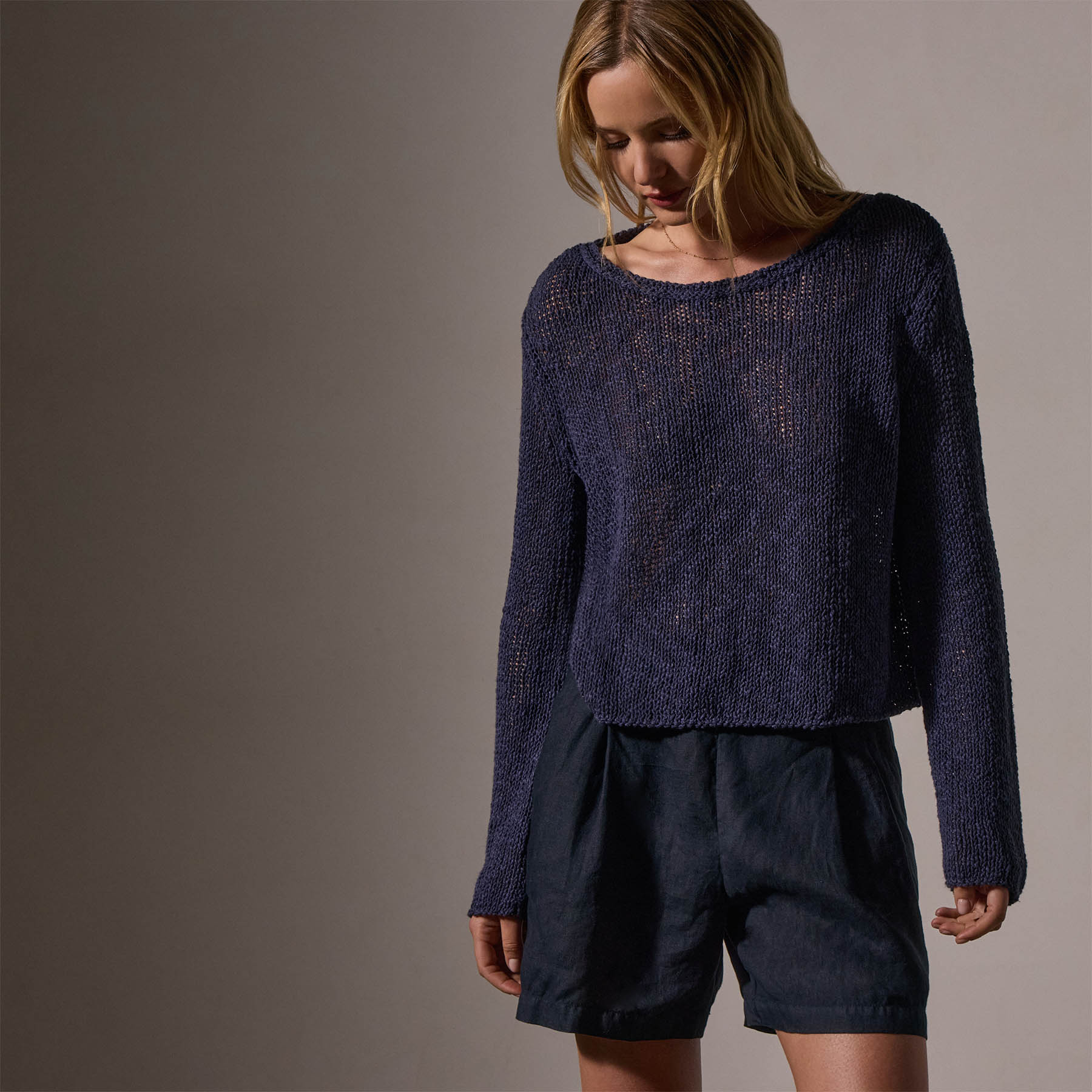 Breathable Cotton Linen Open Knit Pullover Sweater - Faded Navy Blue | Casual Loungewear & Spring Layering Essential