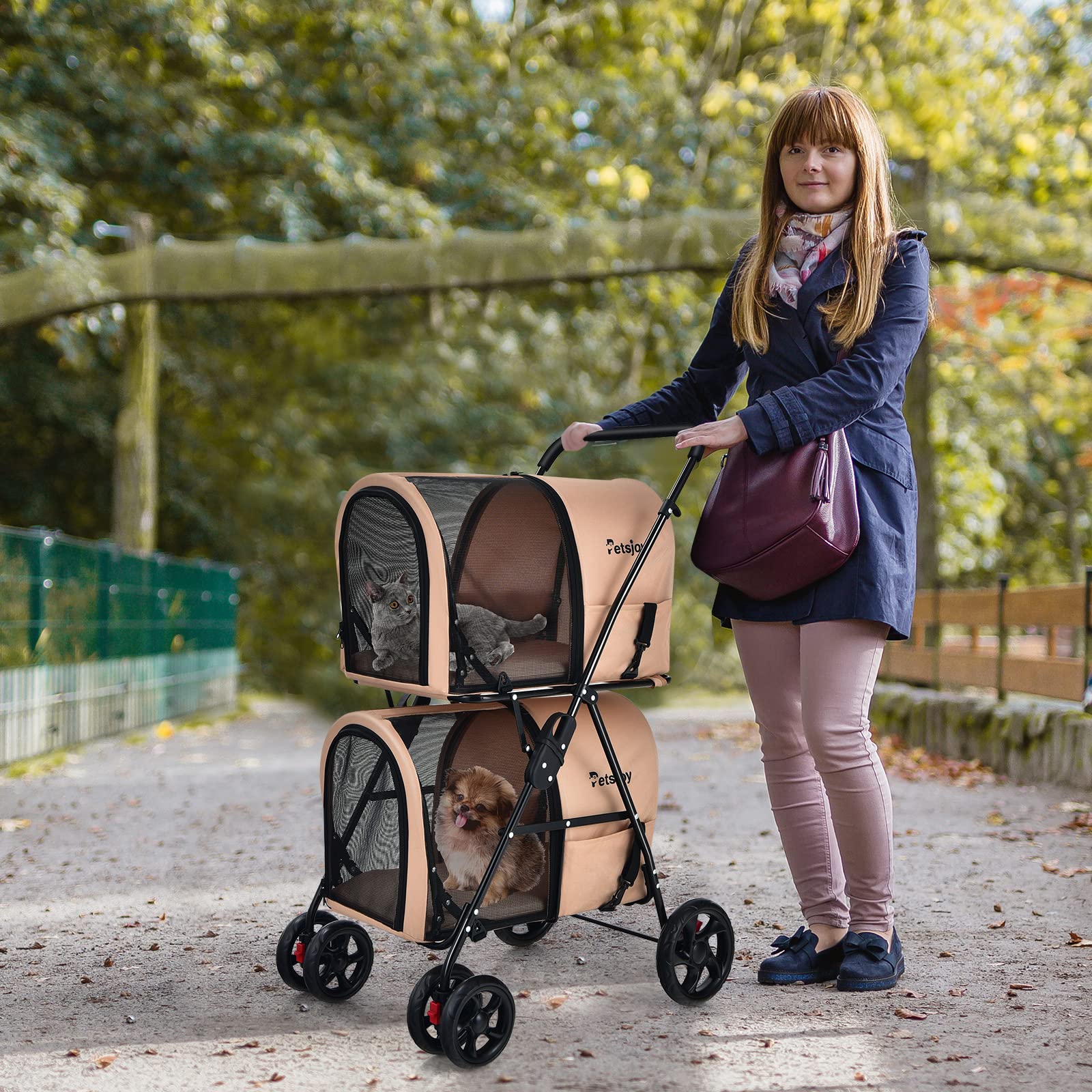 Foldable Double Dog Stroller for 2 Small/Medium Pets - Detachable Carrier Wheels, Jogger Stroller Crate for Car Seat - Perfect for Walking, Camping & Travel (Beige) | Ideal for Vet Visits, Park Outings & Shopping Trips