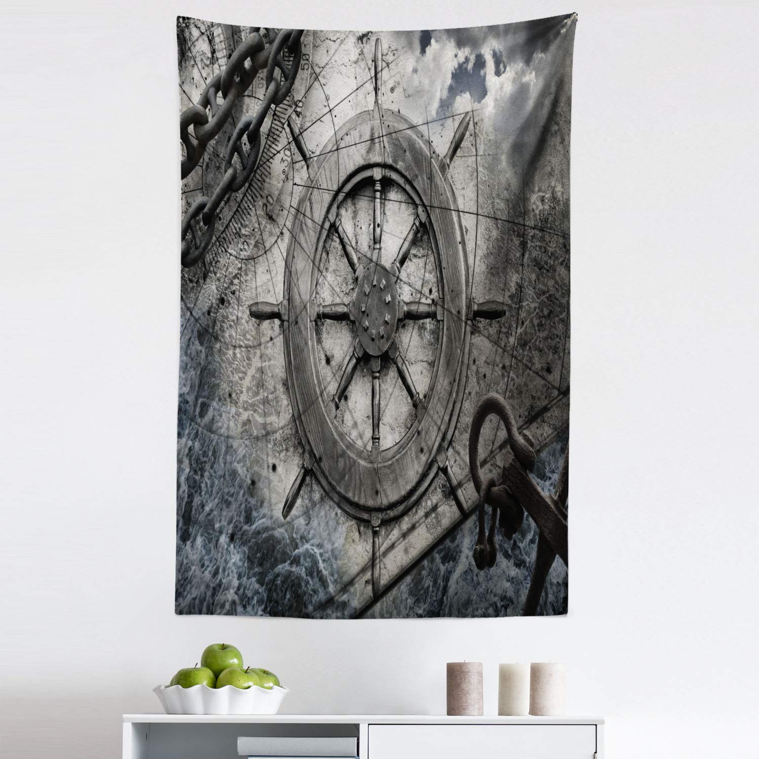 Ambesonne Nautical Ships Wheel Tapestry - Vintage Navigation Decor with Steering Helm, Anchor Chains & Charts - 30
