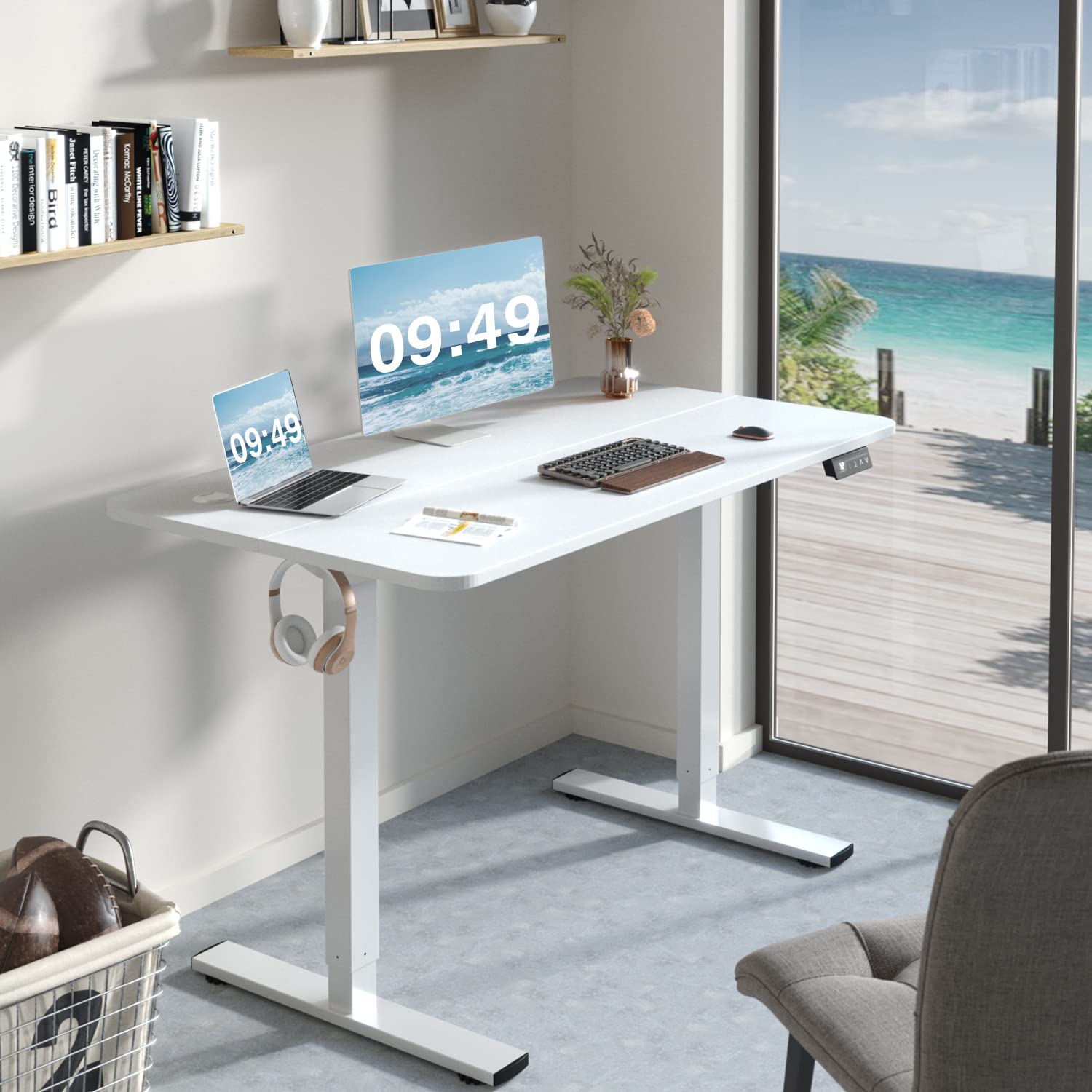 Furmax 48 x 24 Inches Electric Height Adjustable Standing Desk - Memory Preset Sit Stand Desk with T-Shaped Metal Bracket, White - Perfect for Home Office, Gaming & Workspace Ergonomics