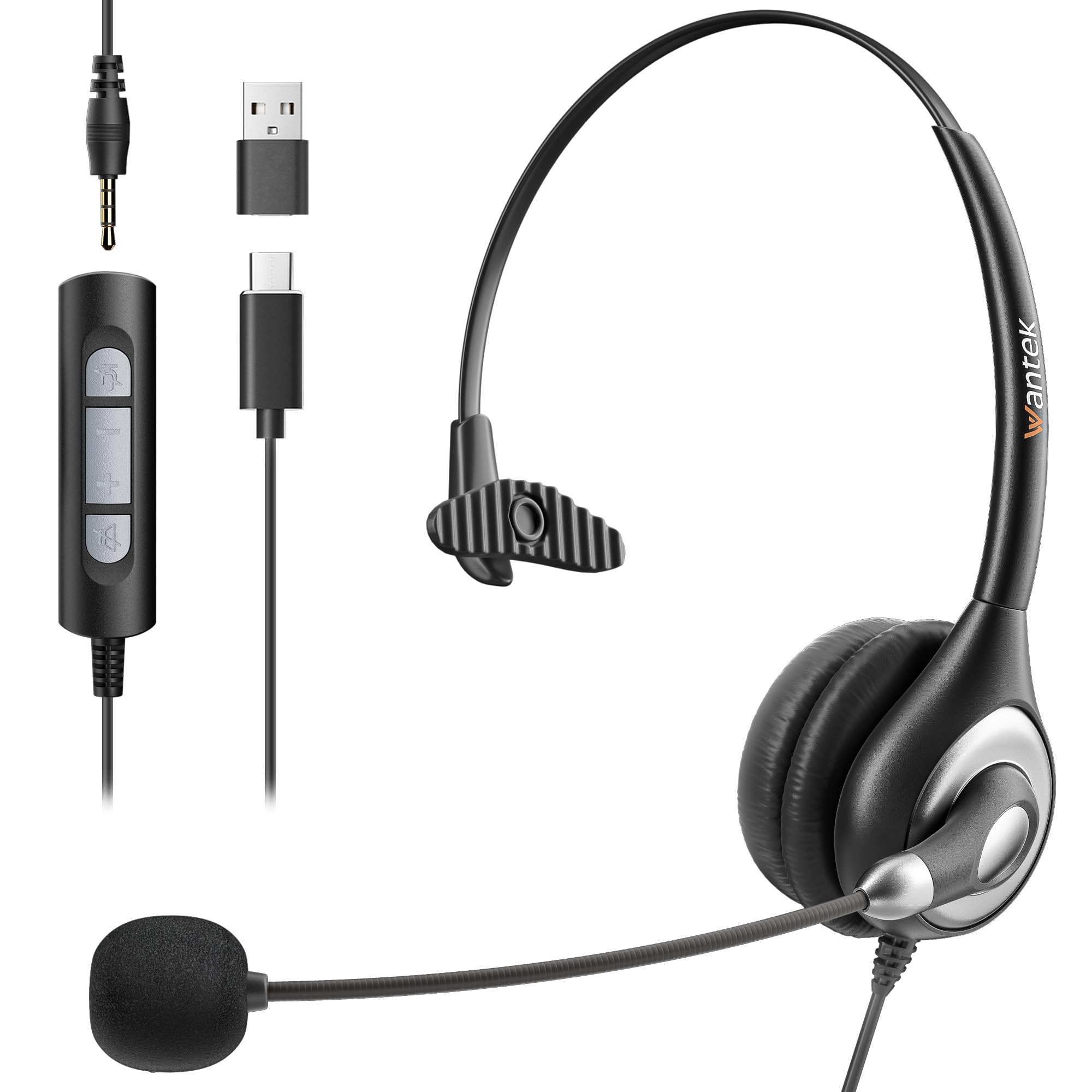 Wantek 601N Noise Cancelling Headset with Microphone - Detachable Type-C Cable, 3.5mm Plug & USB Adapter for PC, Laptop, Tablet, Smartphone - Perfect for Call Centers, Online Meetings, Teams & Remote Work