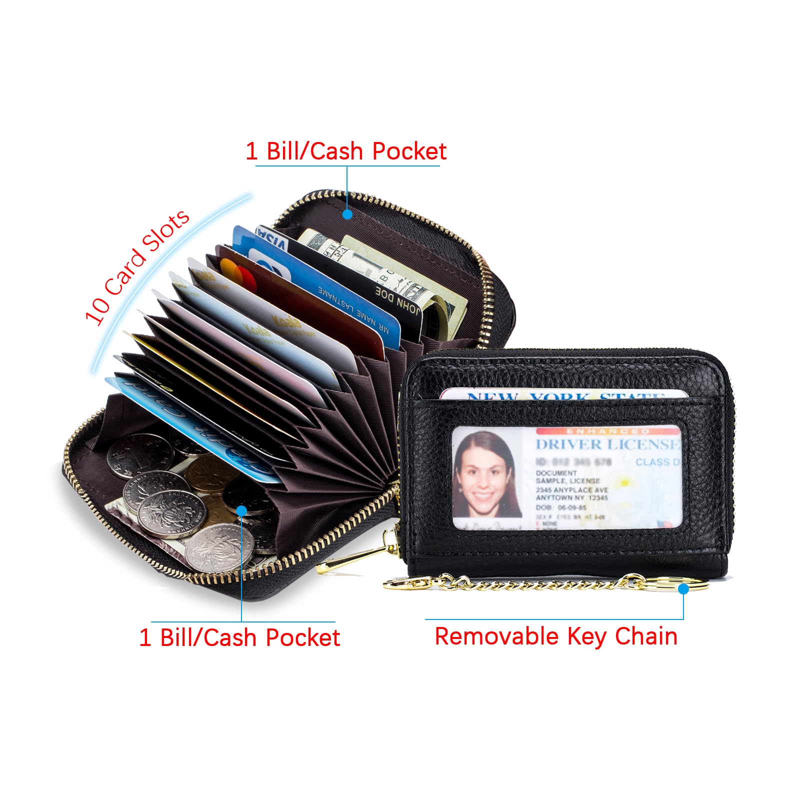 RFID Blocking Leather Card Holder for Women - 10 Slot Zipper Wallet with Keychain & ID Window, Perfect for Travel & Daily Use