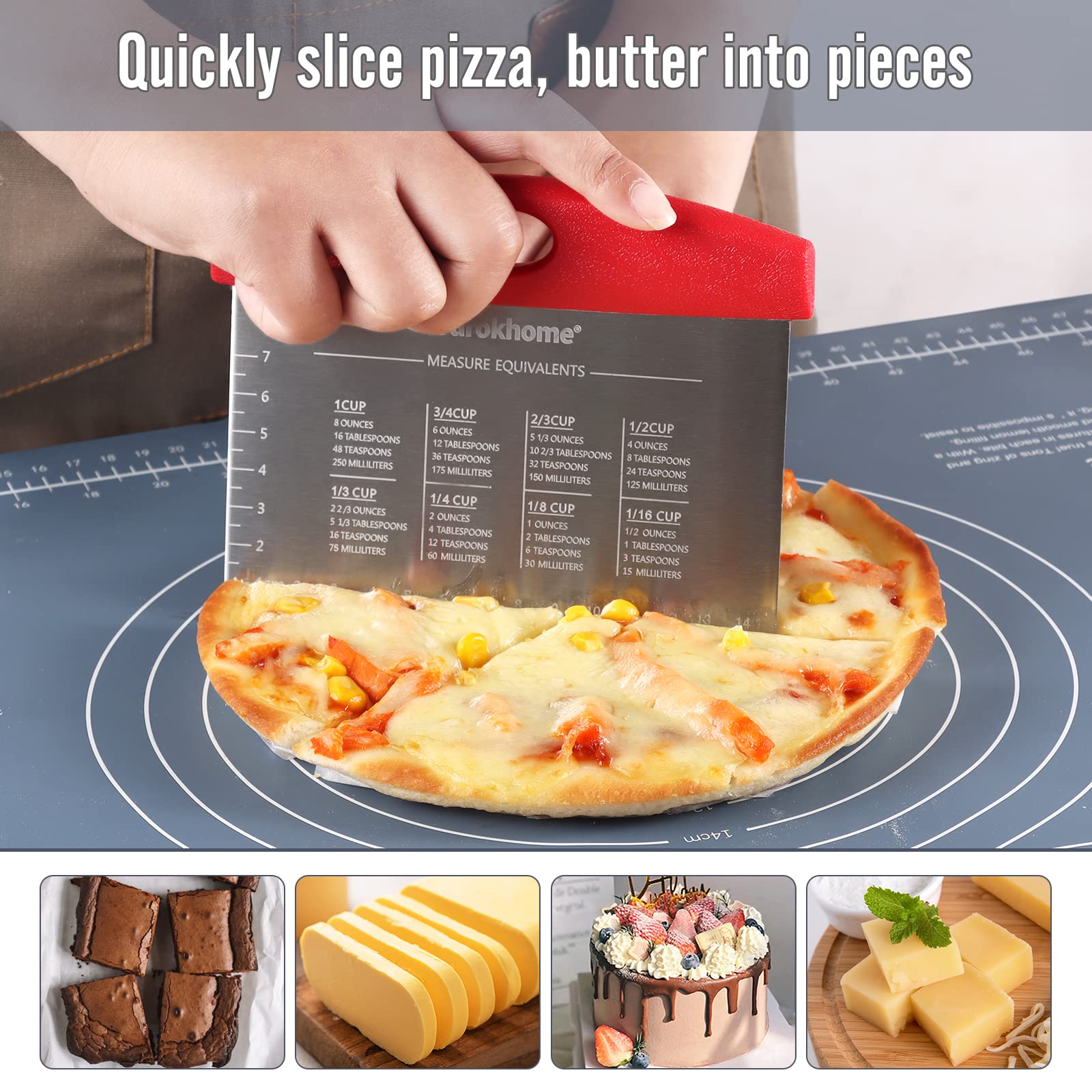 Ourokhome Stainless Steel Dough Scraper & Pizza Cutter - 2 Pack Red Kitchen Baking Tools with Laser-Engraved Measuring Scale & Conversion Chart | Dishwasher Safe, Durable for Pastry Making, Pizza Cutting & Bread Baking | Perfect for Home Bakers & Professional Chefs