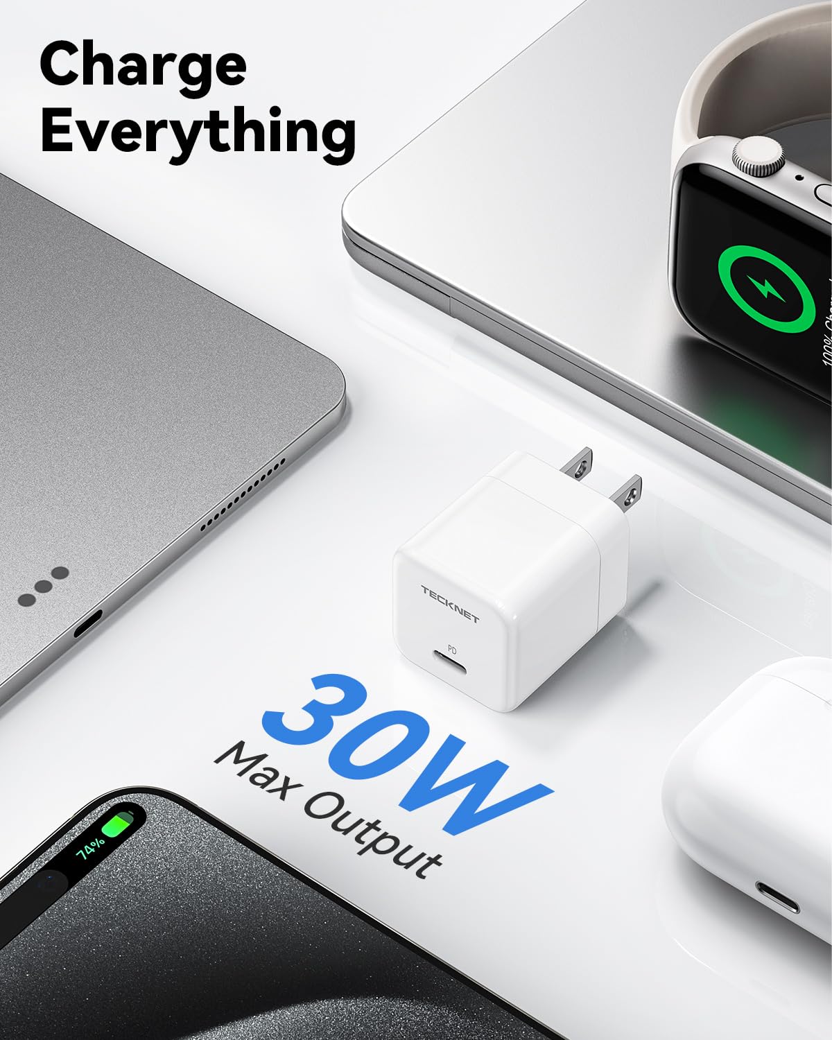 TECKNET 30W USB C Fast Charger Block, Mini Foldable Plug PD Wall Charger with 5FT Type-C Cable - Compatible with iPhone 15/16 Series, Pixel, Galaxy, iPad - Perfect for Travel, Office & Home Charging