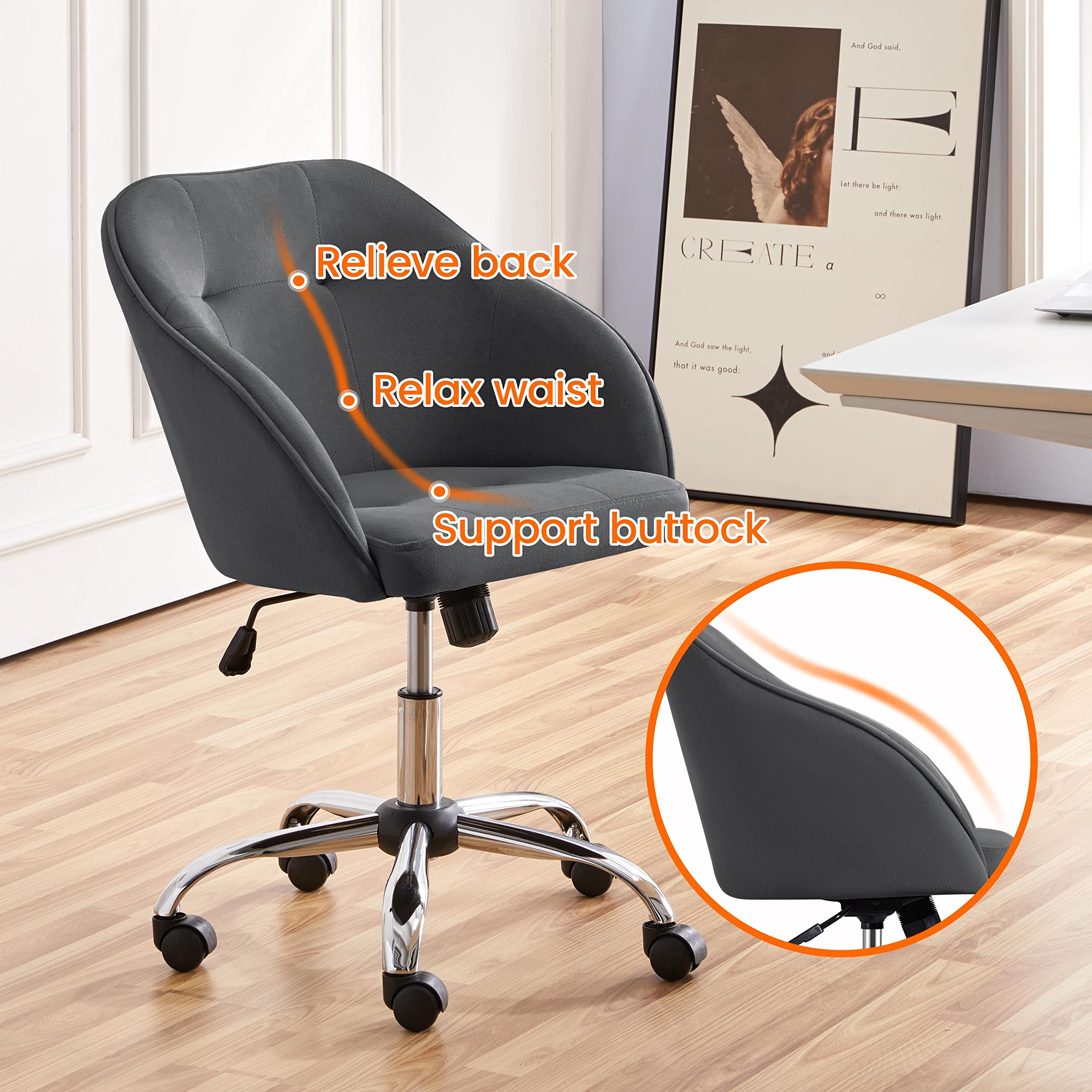 Topeakmart Velvet Office Desk Chair with 360° Swivel & Height Adjustable - Modern Upholstered Task Chair with Metal Base & Armrests - Perfect for Home Office, Computer Work, Makeup Vanity & Study (Gray)