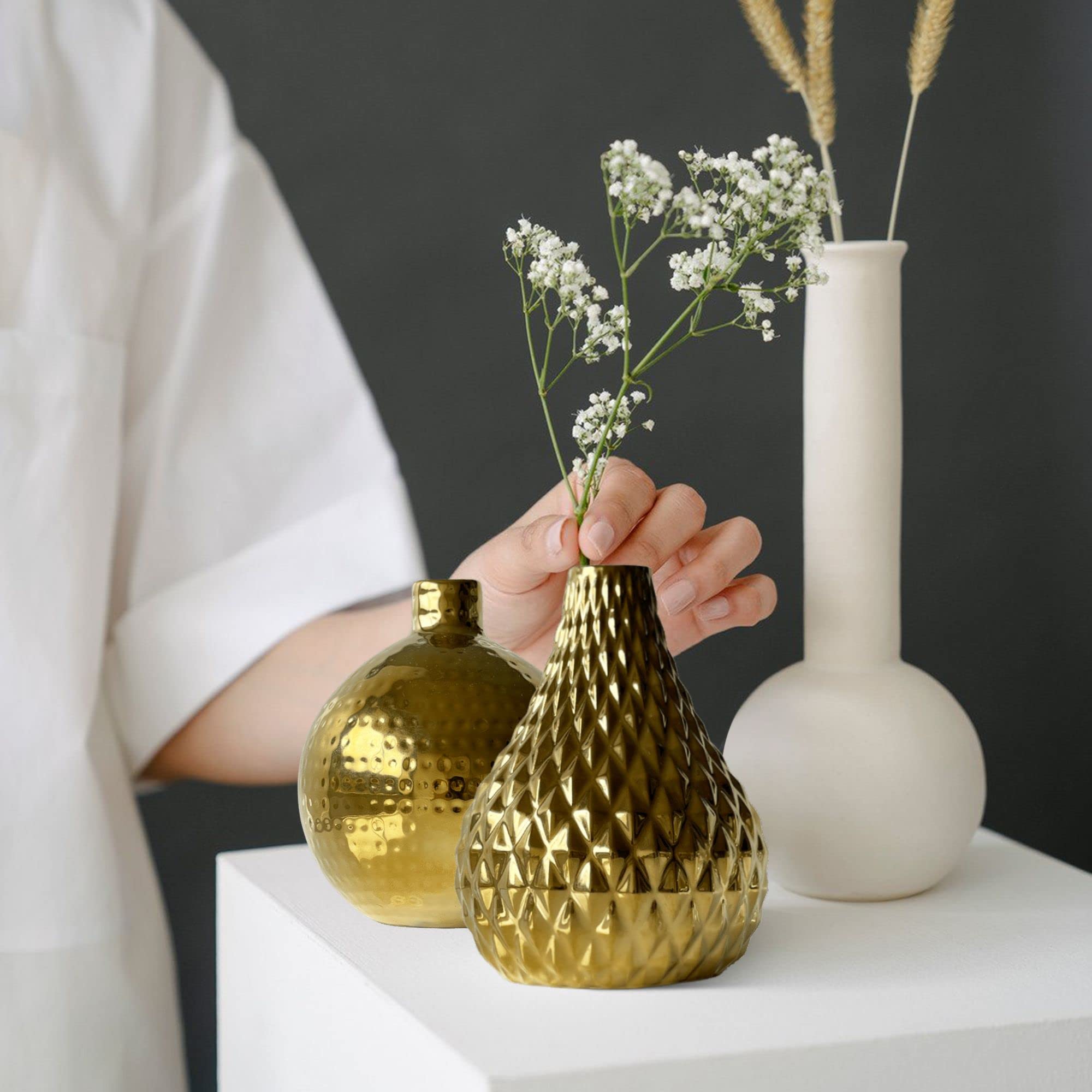Zensational Ceramic Gold Vase Set of 3 - Diamond, Spot, Stripe Design - Small Decorative Flower Vases - Textured Round Mini Vases - Elegant Gold Centerpiece - Wedding Bud Vases - Perfect for Home Decor, Table Centerpieces & Special Events