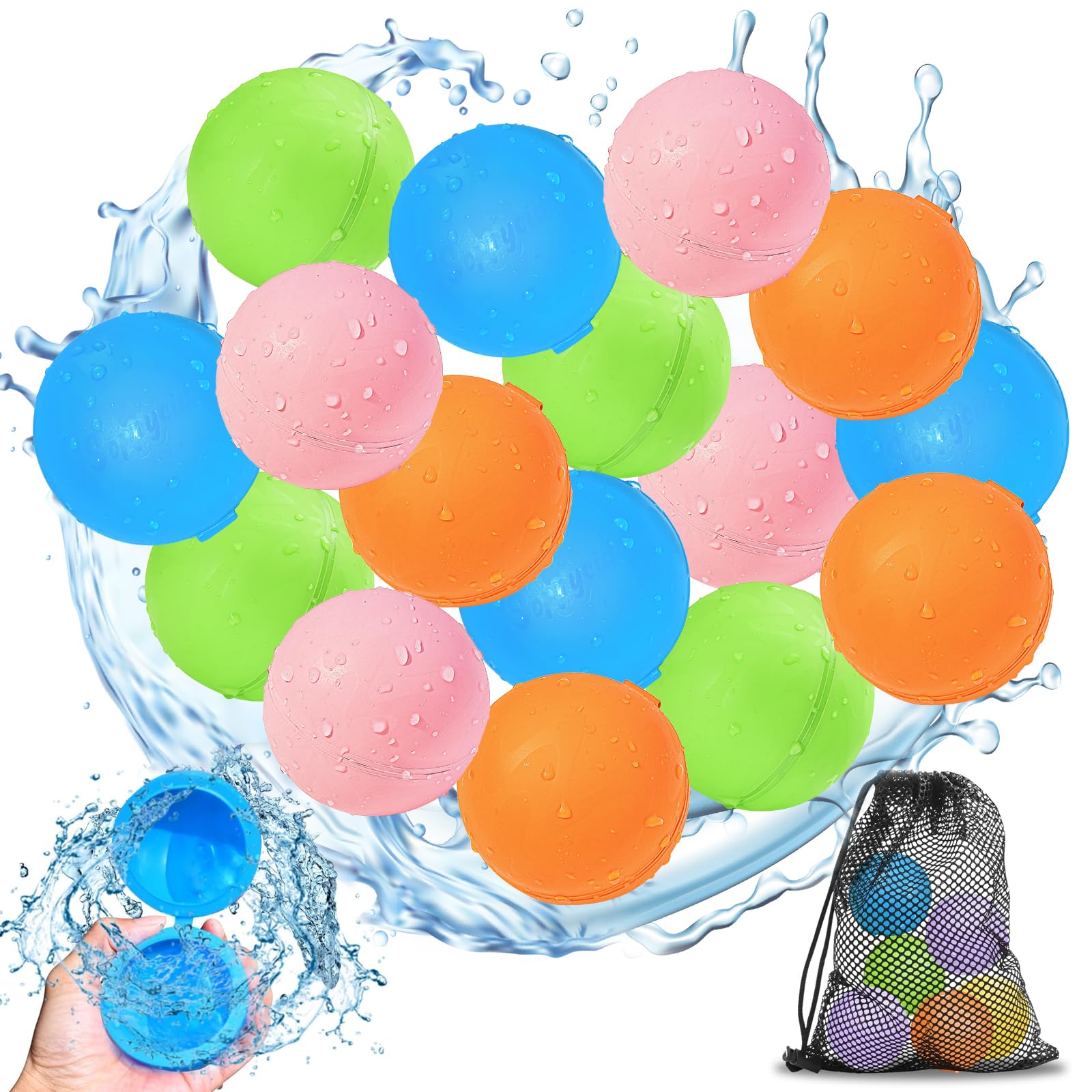 SOPPYCID 16PCS Reusable Water Balloons - Quick Fill Magnetic Self-Sealing Water Balls for Kids Ages 4-12 - Refillable Splash Bombs for Summer, Pool Parties, Beach & Outdoor Water Play - Fun Water Toys for Toddlers & Children