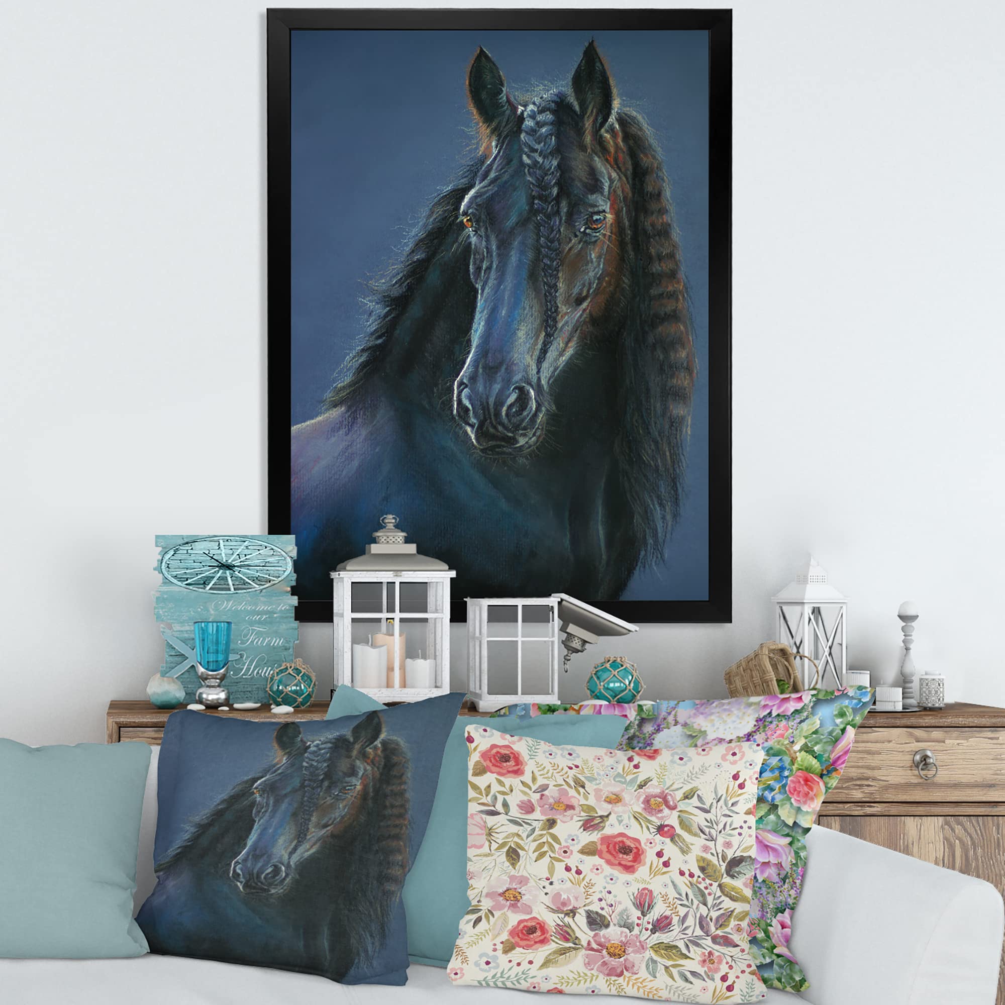 Frisian Horse Portrait Farmhouse Framed Wall Art - Elegant Equestrian Home Decor for Living Room, Bedroom & Office