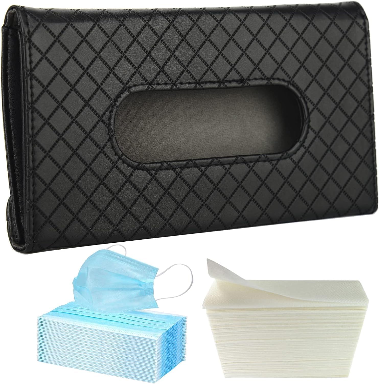Black PU Leather Car Sun Visor Tissue Box Holder - Hanging Napkin & Mask Organizer for Vehicles | Perfect Car Accessory Gift Idea | Keep Tissues Handy While Driving