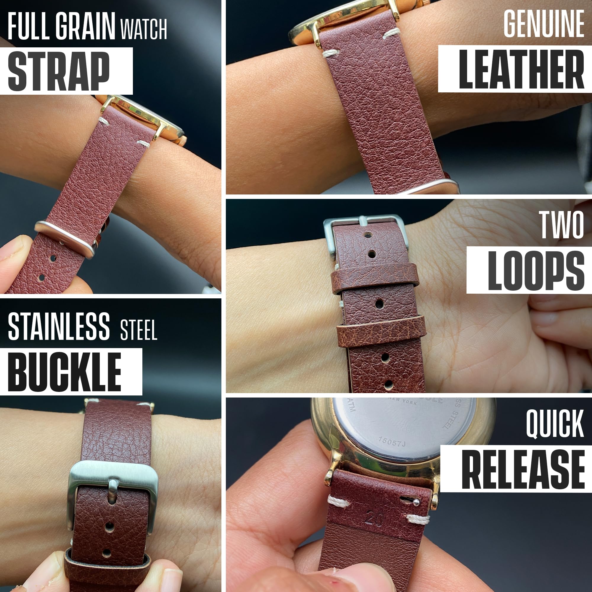 Vintage Leather Watch Strap - Quick Release, Full Grain for Men & Women | Smart & Traditional Watches | Casual & Formal Wear