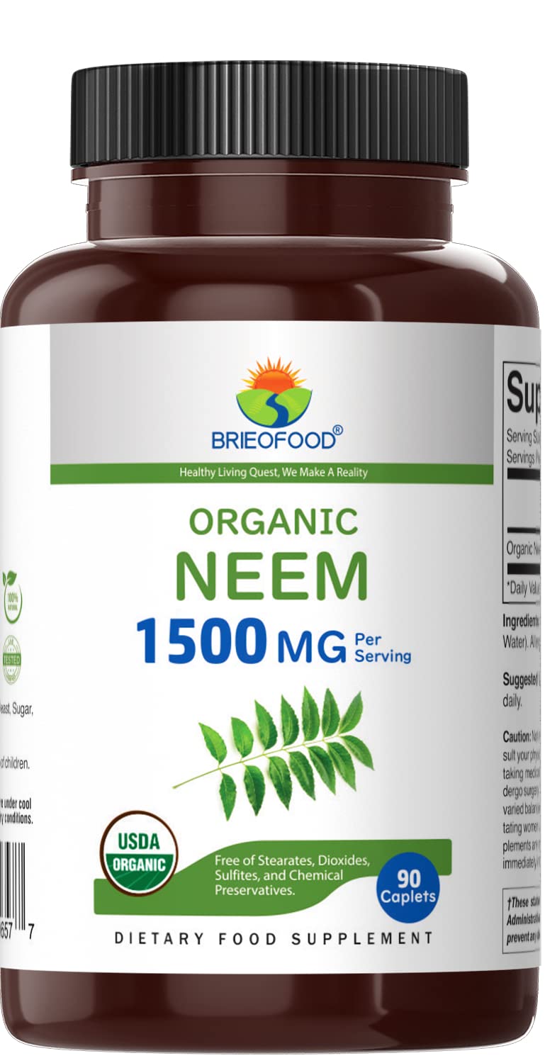 Brieofood Organic Neem 1500mg Supplement - 90 Vegetarian Tablets (45 Servings) | Gluten-Free, Vegan-Friendly | Supports Skin Health & Immune System - Perfect for Daily Wellness Routine & Ayurvedic Practices