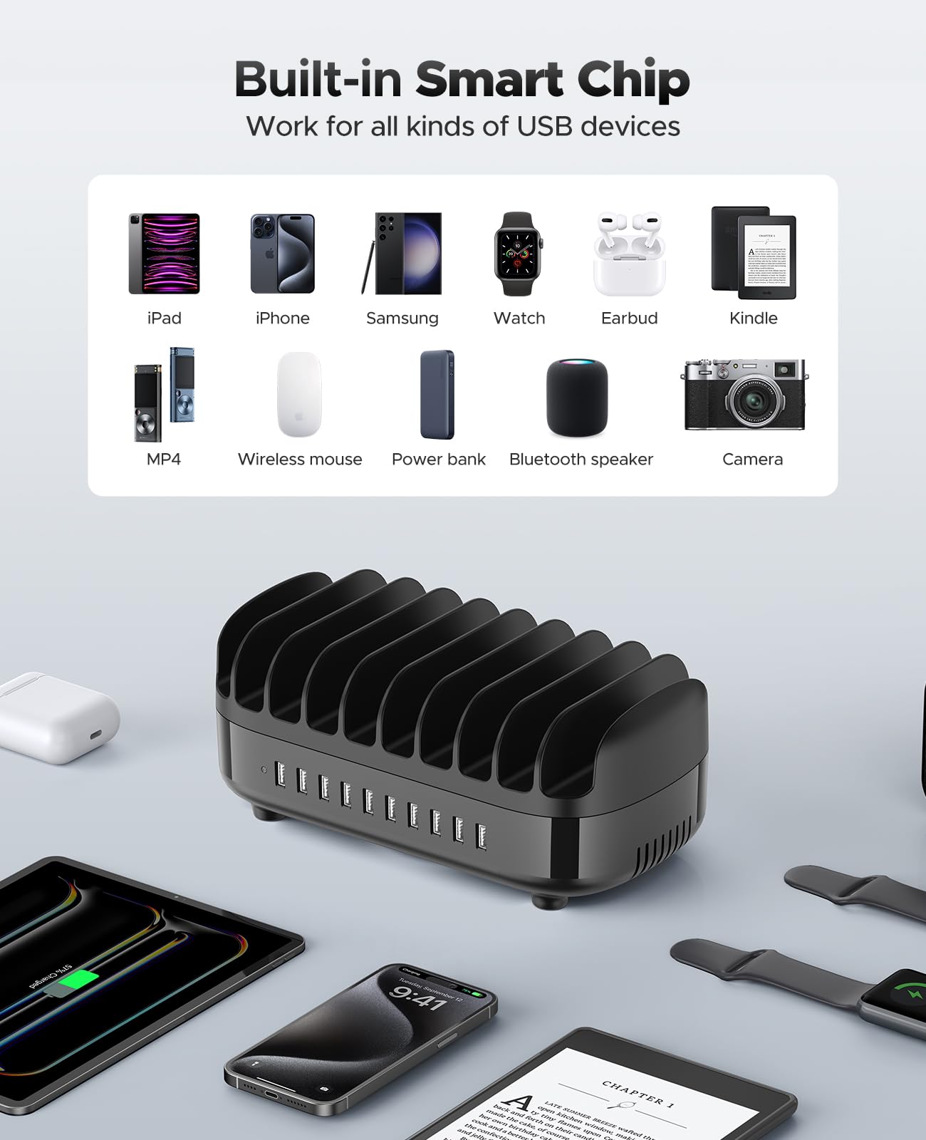 ORICO 10-Port USB Charging Station 120W for iPad, Tablet, Phone - Home & Office Use