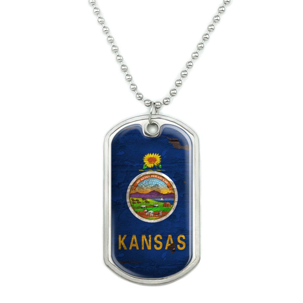 Vintage Kansas State Flag Dog Tag Necklace - Distressed USA Military Style Pendant with Chain - Perfect for Patriotic Gifts & College Game Day Accessories