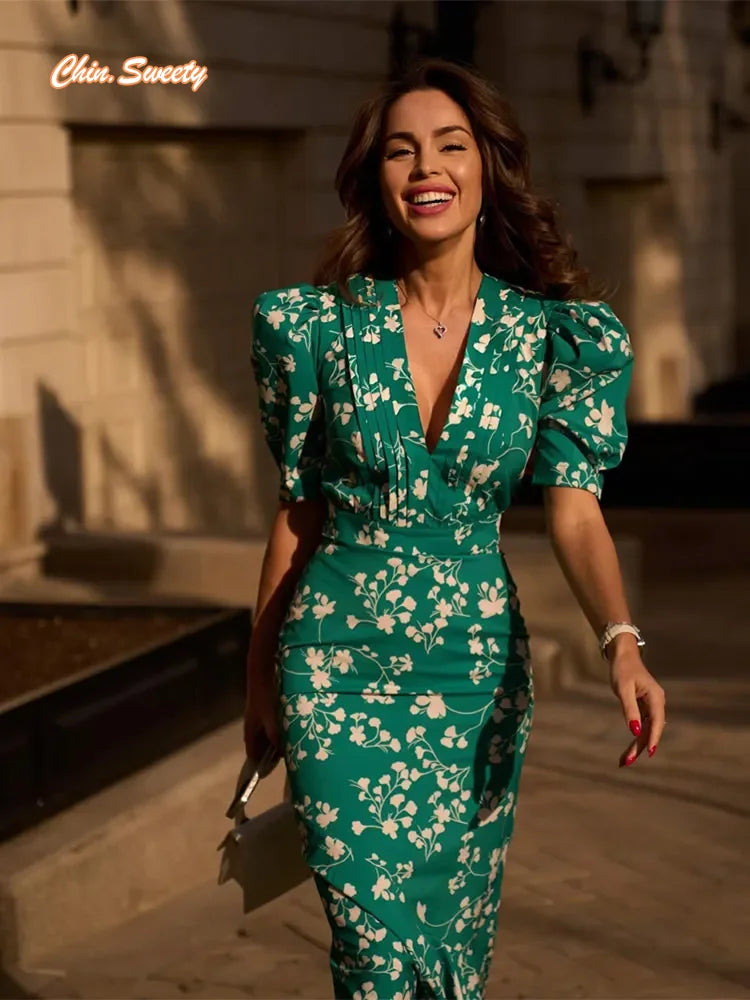 Elegant High Waist Fishtail Bodycon Dress - Women's Printed V-Neck Short Sleeve Long Dress for Summer, Casual Wear & Beach Vacation | Perfect for Date Night, Party & Special Occasions