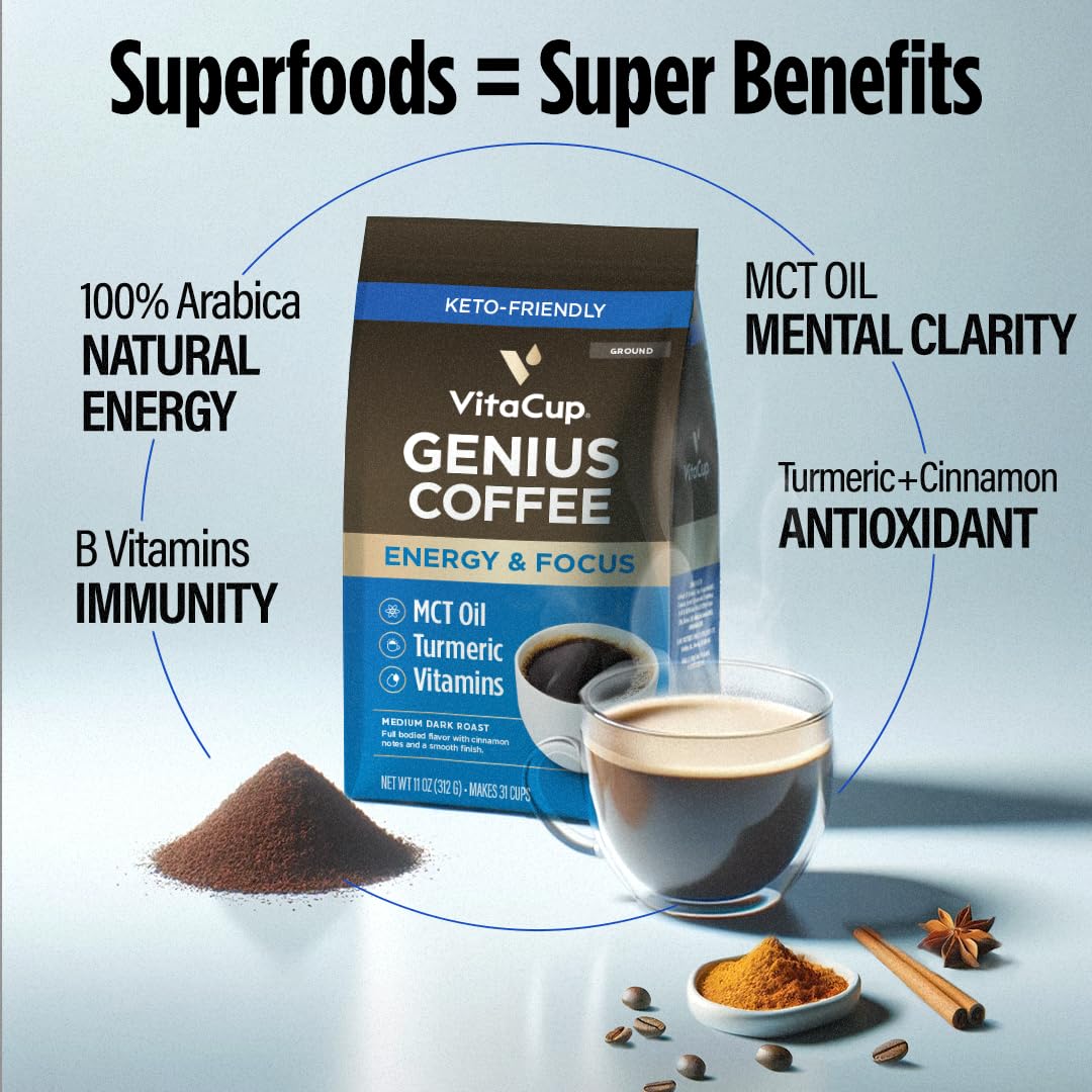 Vitacup Genius Ground Coffee & Keto + Collagen Vanilla Coffee Creamer Bundle - 11oz Ground Coffee & 10oz Creamer Powder - Supports Keto Diet, Boosts Energy & Focus - Perfect for Morning Routine, Office Work & Healthy Lifestyle